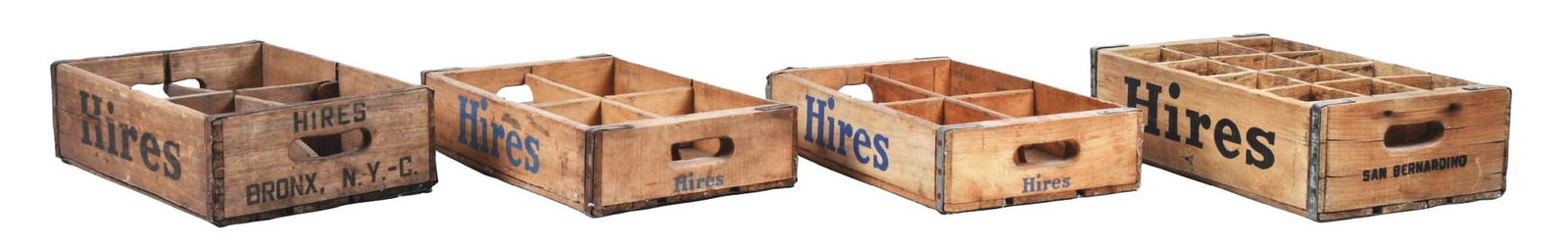 COLLECTION OF 4 HIRES ROOT BEER BOTTLE CRATES: A nice collection of 4 c. 1940s and 1950s bottle crates from Hires Root Beer. CONDITION: These crates show age appropriate wear to the wood and the metal bands. The Hires logos are bright and vibrant,