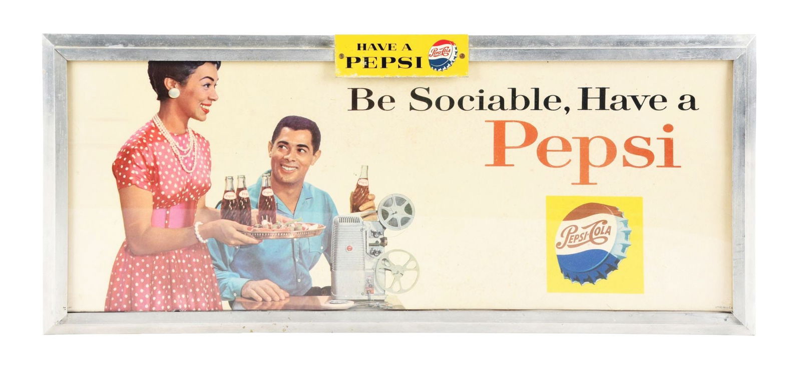 BE SOCIABLE, HAVE A PEPSI FRAMED PAPER LITHOGRAPH W/ BOTTLE CAP GRAPHIC (1 of 3)