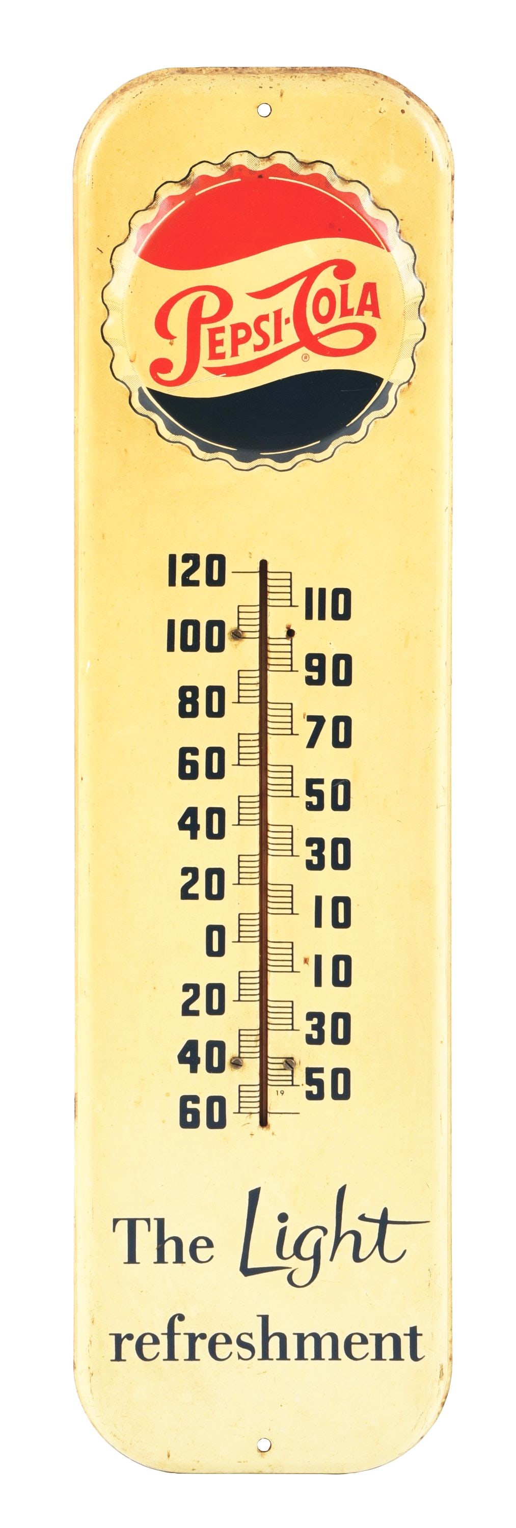 PEPSI-COLA PAINTED METAL THERMOMETER SIGN W/ EMBOSSED BOTTLECAP GRAPHIC (1 of 3)