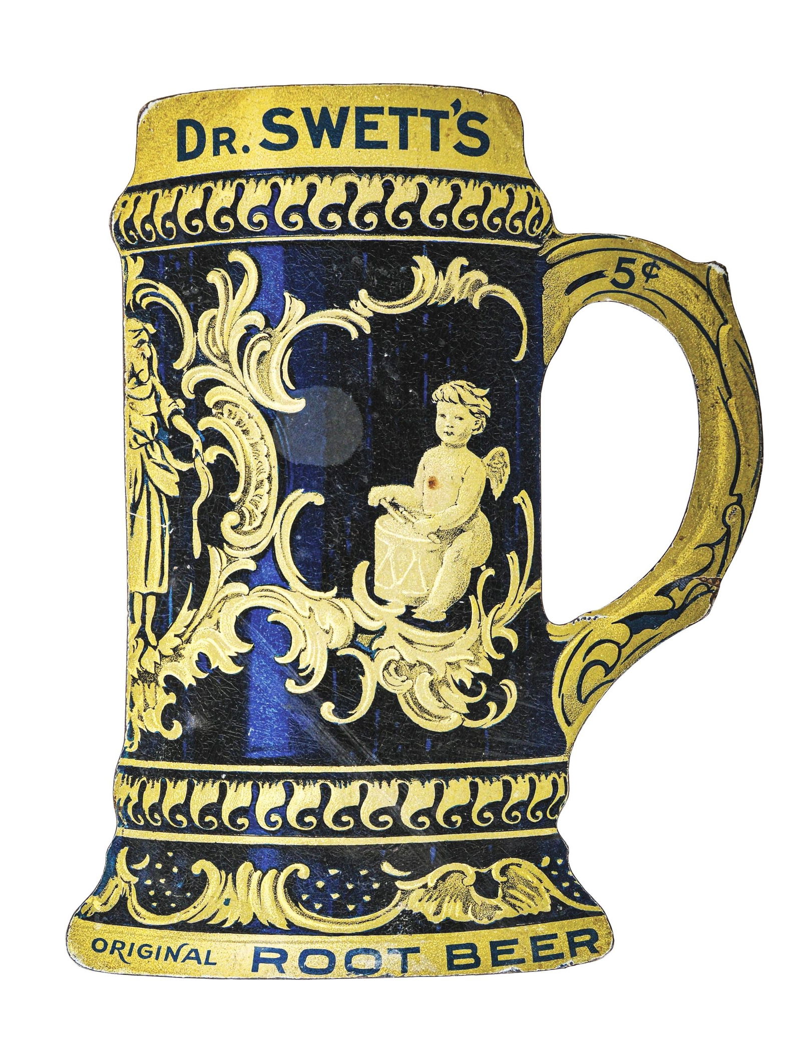 DR. SWETT'S ORIGINAL ROOT BEER DOUBLE-SIDED TIN LITHOGRAPH W/ CHERUB GRAPHIC: DST. A c. 1920s Dr. Swett's Original Root Beer double-sided tin lithograph with outstanding graphics. CONDITION: Side one has good color, with minor areas of surface scratching and a couple deep scrat