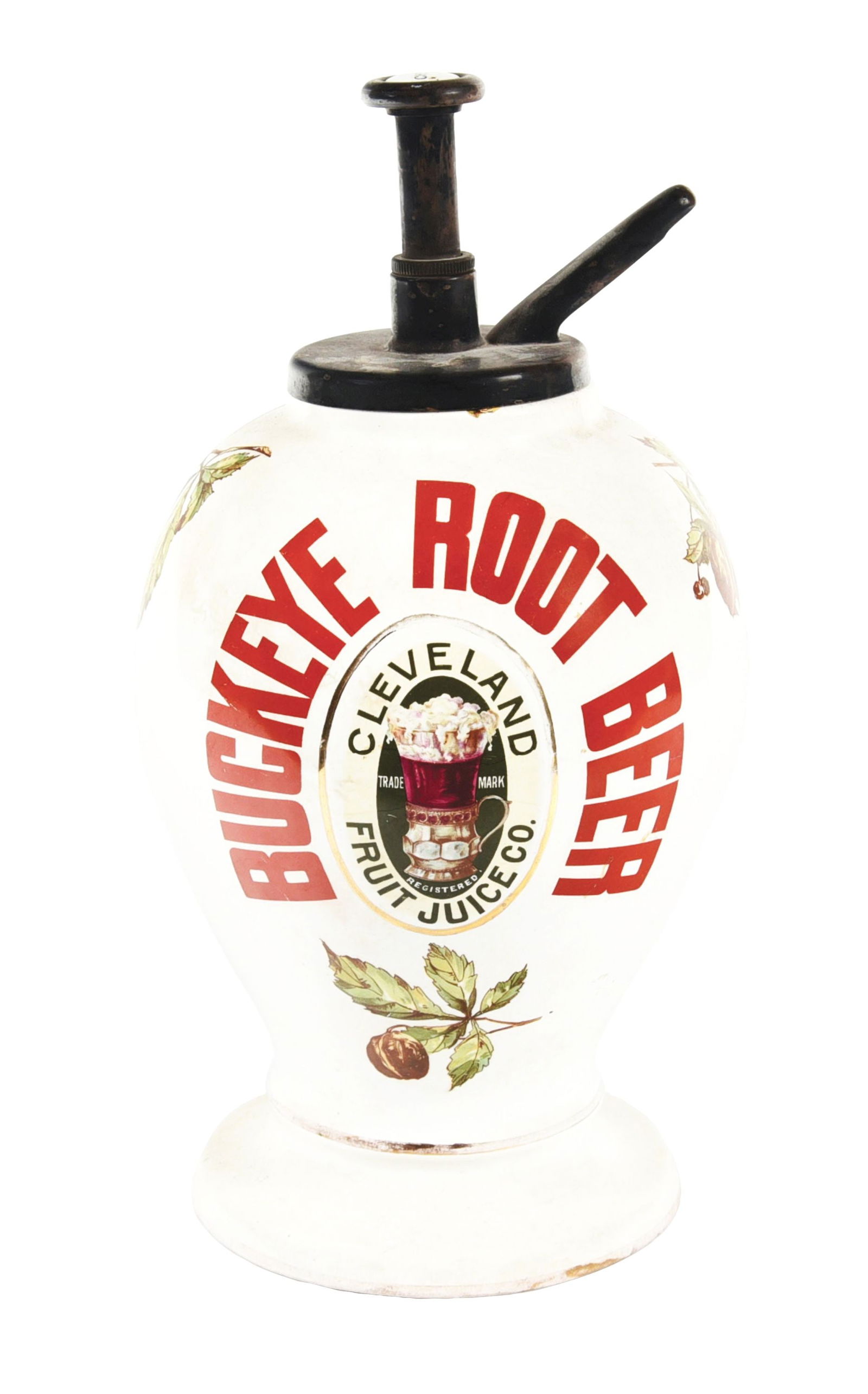 BUCKEYE ROOT BEER CERAMIC SYRUP DISPENSER: A desirable example of this early ceramic syrup dispenser from Buckeye Root Beer, featuring a wonderful fountain glass graphic. CONDITION: The body of this ceramic dispenser remains very nice. It show