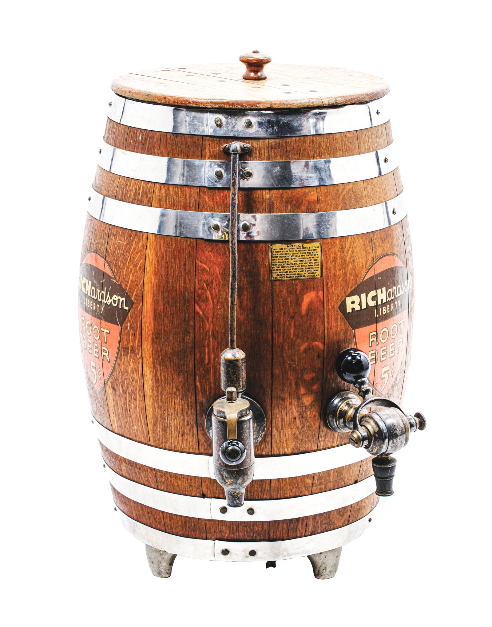 RICHARDSON ROOT BEER DISPENSER BARREL: A nice example of this wooden dispenser barrel from Richardson Root Beer, featuring ornate spigots and wonderful decaled logos. CONDITION: The wood frame of this dispenser shows age appropriate wear a