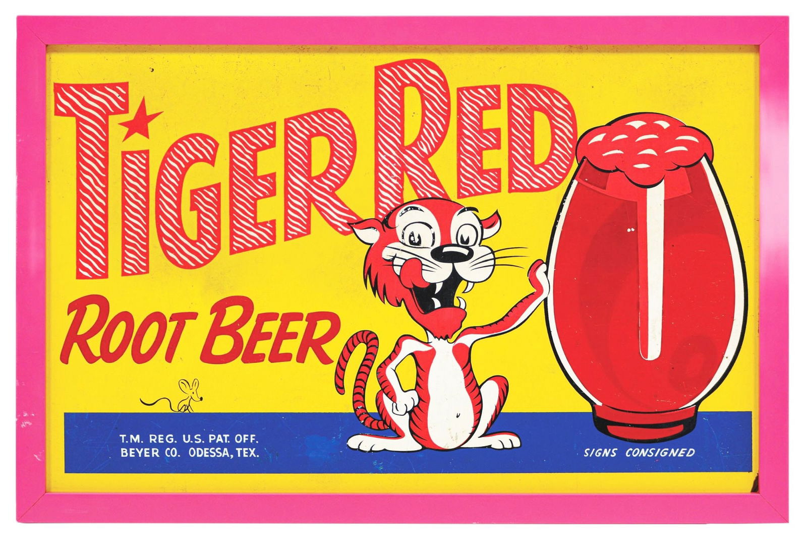 TIGER RED ROOT BEER MASONITE SIGN W/ TIGER GRAPHIC: SSM. A c. 1950s Tiger Red Root Beer painted Masonite sign with outstanding graphic. CONDITION: The sign has good color throughout with minor surface scratching and scratching with paint loss. The sign