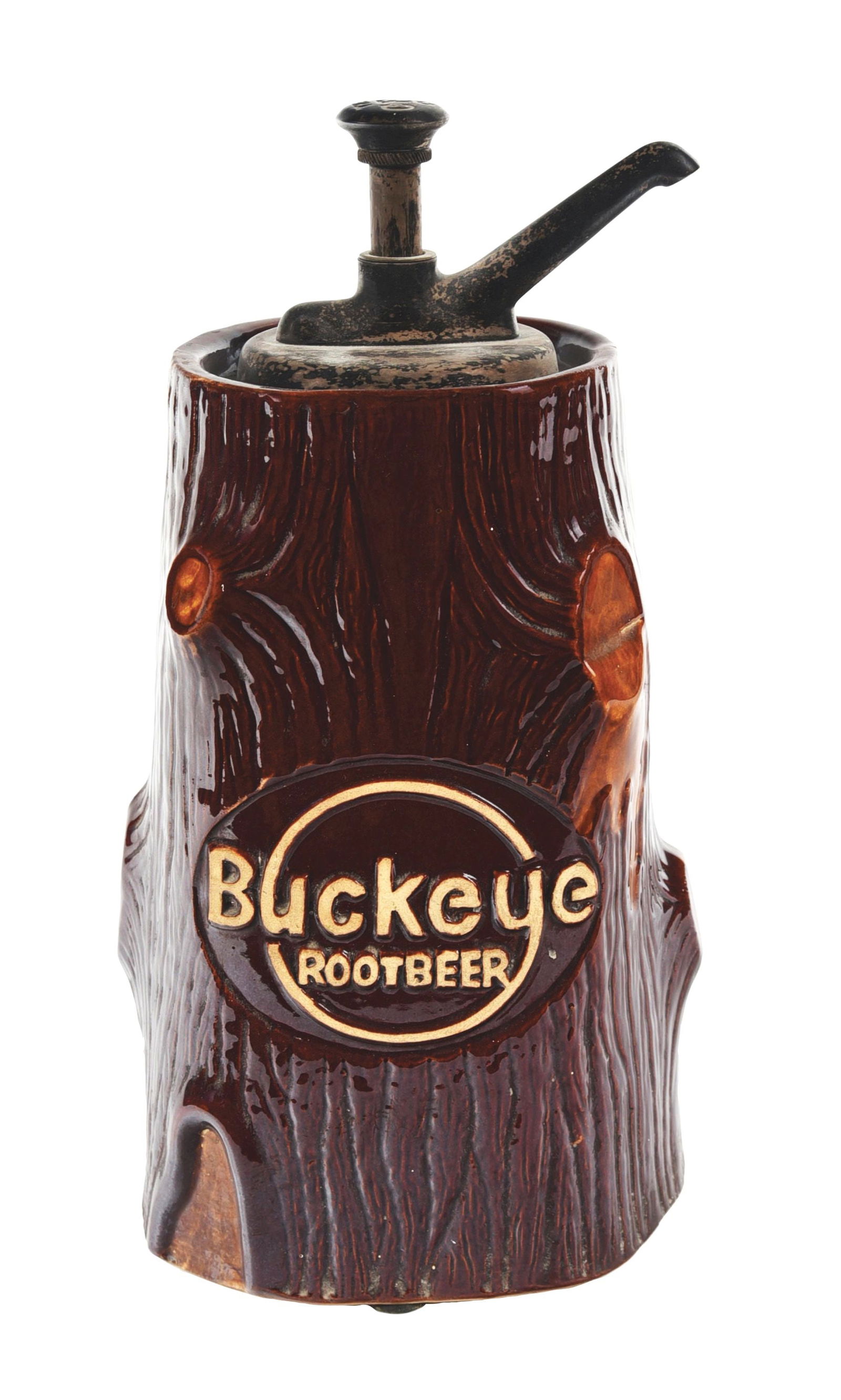 BUCKEYE ROOT BEER TREE TRUNK CERAMIC SYRUP DISPENSER: This ornate tree trunk shaped syrup dispenser from Buckeye Root Beer, featuring a nicely embossed logo. CONDITION: The body of this ceramic dispenser remains very nice with no chips or cracks. The upp