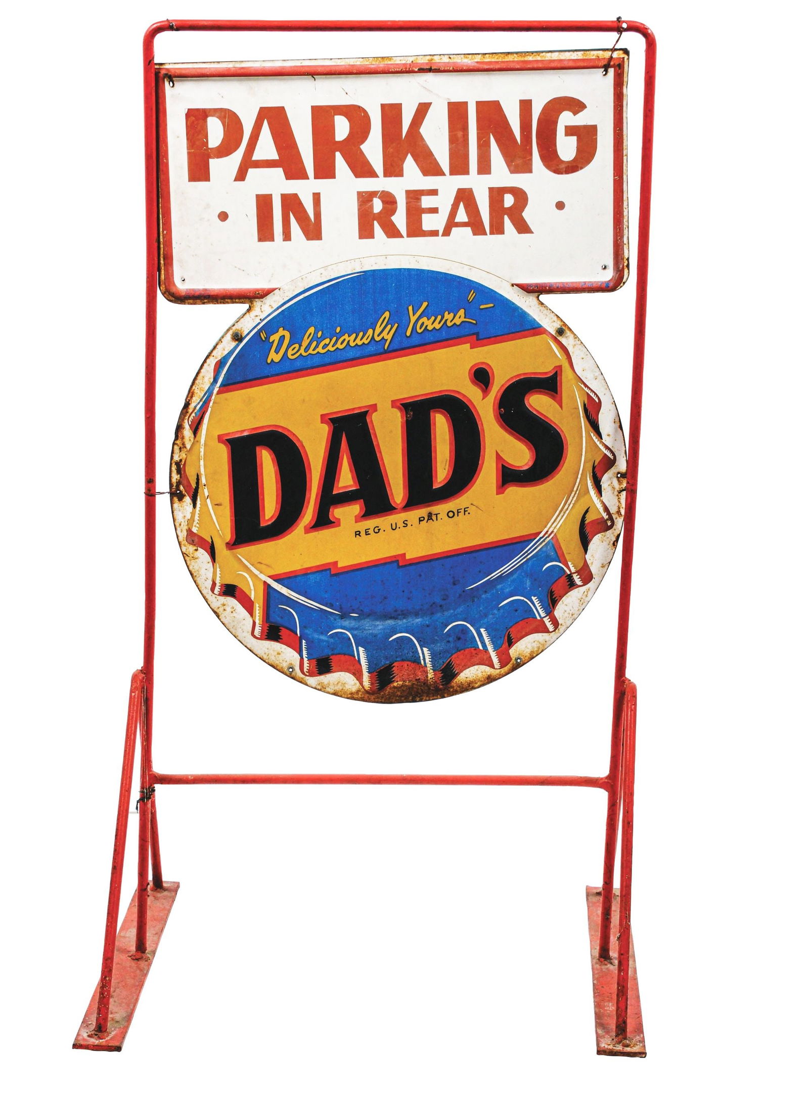 DELICIOUSLY YOURS DAD'S ROOT BEER SELF FRAMED EMBOSSED TIN SIGN W/ ADDED CURB STAND: DST. Maker marked "PM-7X." Two c. 1960s single-sided embossed tin Dad's Root Beer signs displayed back-to-back on an added curb stand. CONDITION: Side one, has significant fade throughout both the pri