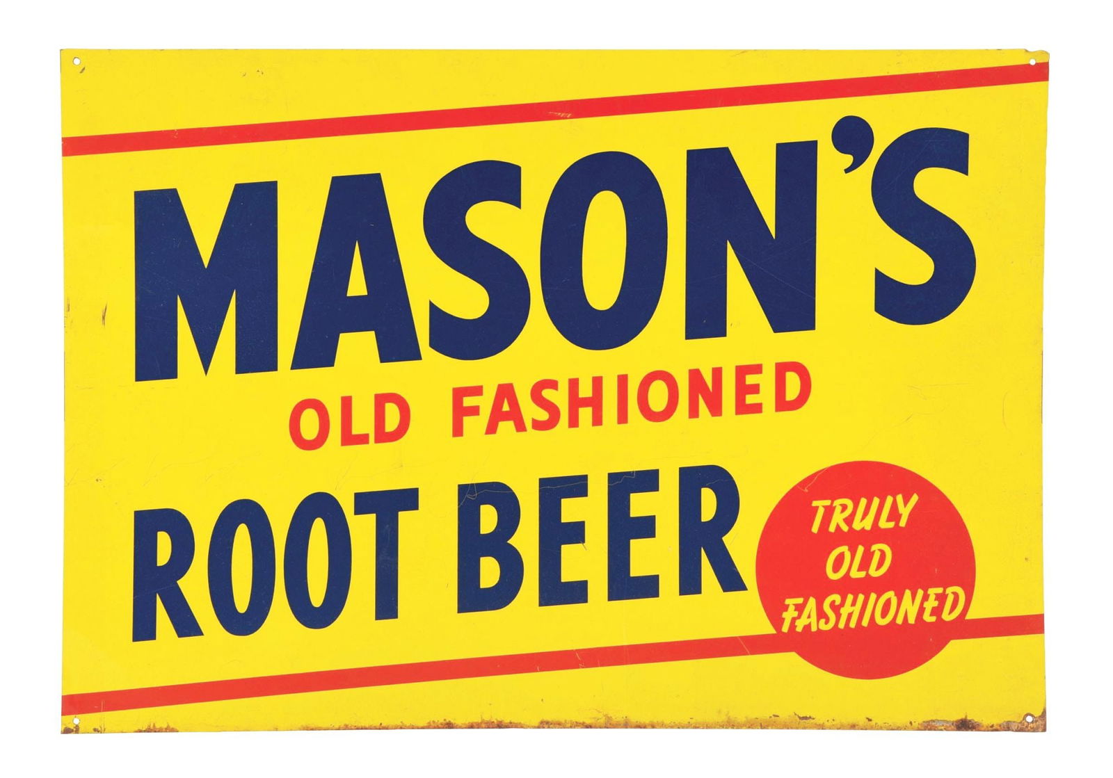 MASON'S OLD FASHIONED ROOT BEER TIN SIGN: SST. A Mason's Old Fashioned Root Beer single-sided painted metal sign. CONDITION: The sign has good color and shine throughout. There are significant areas of surface scratching and deeper scratches
