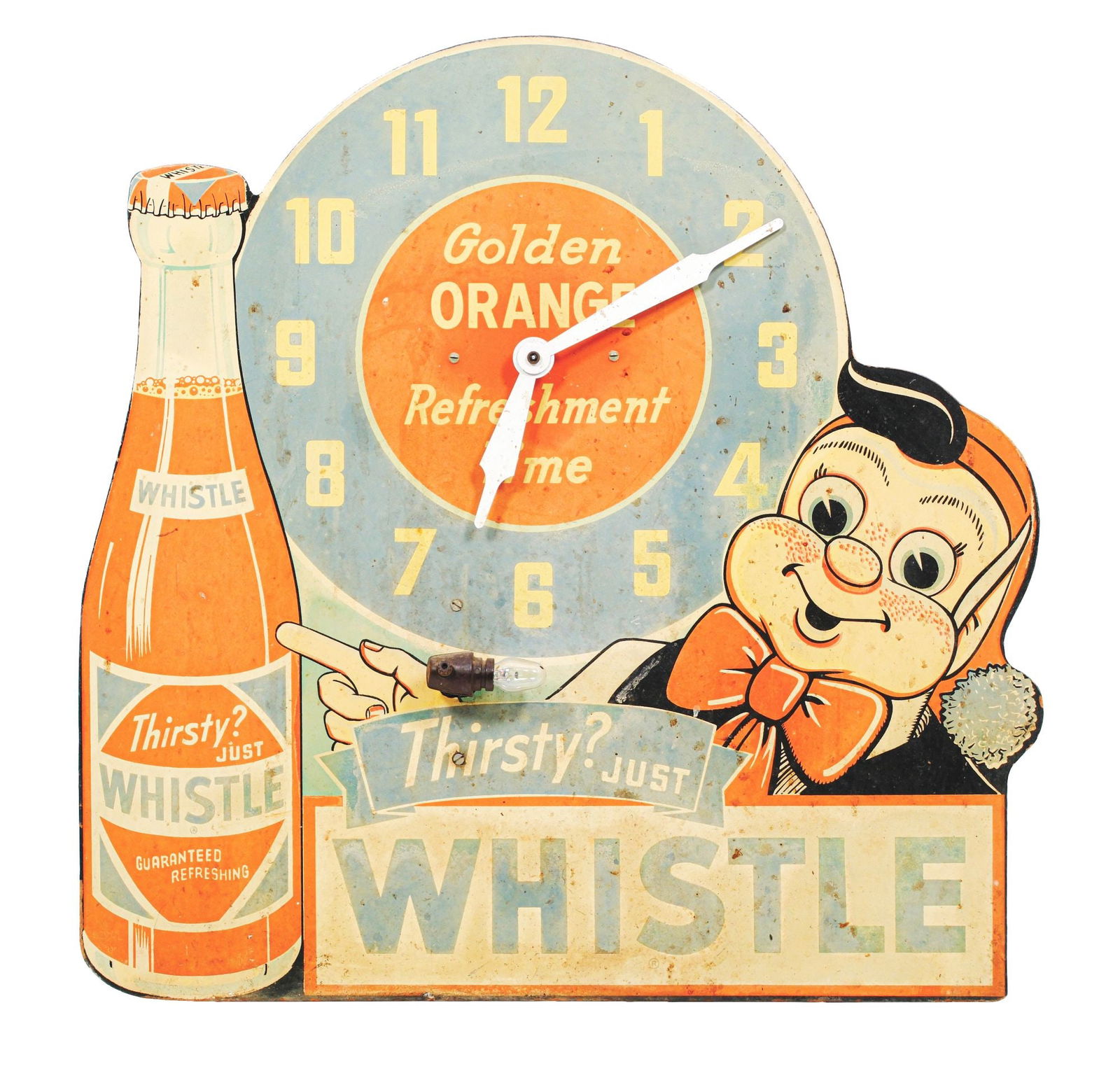 THIRSTY? JUST WHISTLE GOLD & ORANGE MASONITE CLOCK SIGN W/ BOTTLE & ELF GRAPHIC (1 of 2)