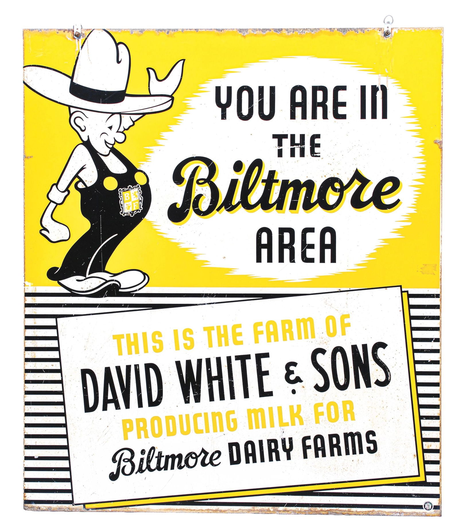 BILTMORE DAIRY FARMS DOUBLE-SIDED PAINTED METAL SIGN W/ FARMER GRAPHIC (1 of 3)