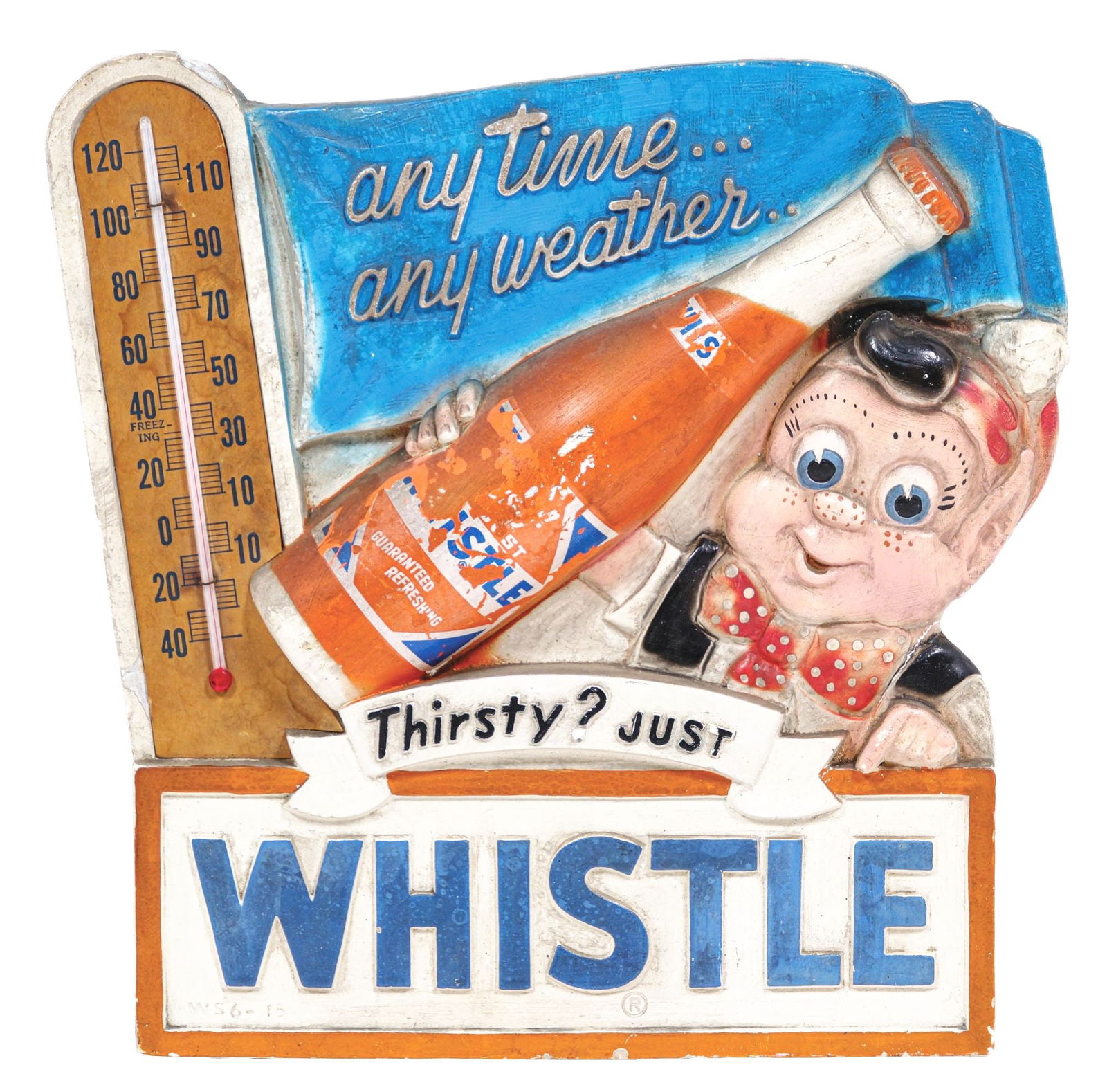 EMBOSSED WHISTLE SODA CHALK WARE SIGN W/ ELF GRAPHIC (1 of 3)