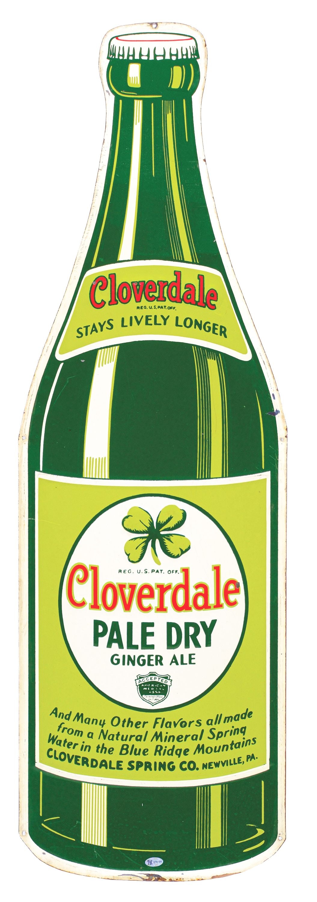 CLOVERDALE PALE DRY GINGER ALE EMBOSSED TIN BOTTLE SIGN (1 of 3)