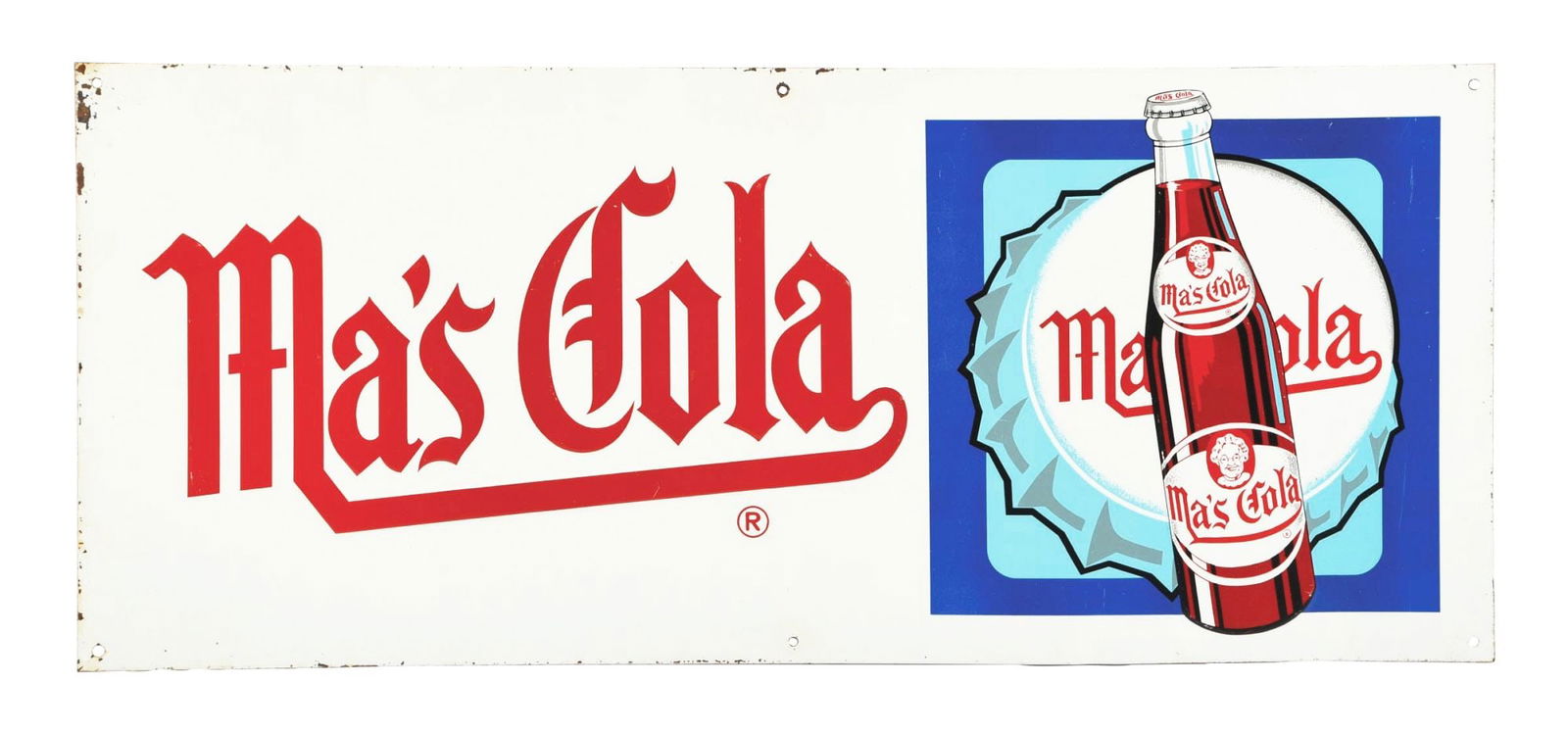 MA'S COLA EMBOSSED TIN SIGN W/ BOTTLE GRAPHIC: SST. A c. 1950s Ma's Cola single-sided embossed tin sign. CONDITION: The sign has good color and gloss with minor surface scratching throughout. The sign has minor paint loss at the hanging holes, as