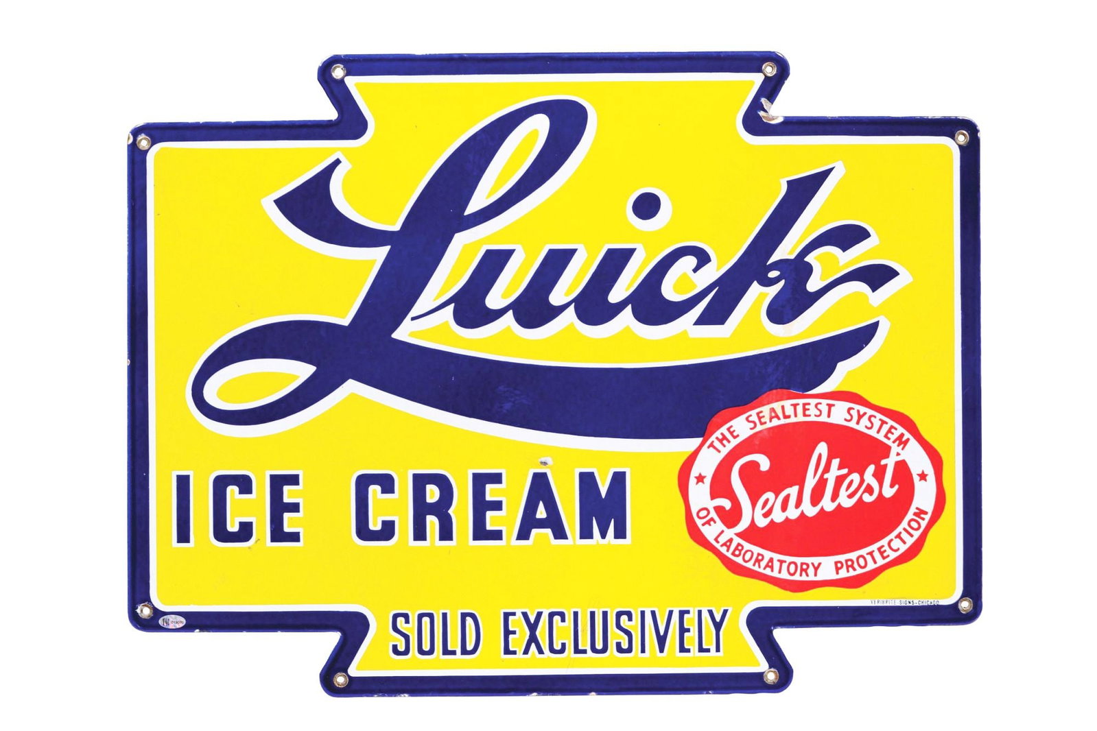 LUICK ICE CREAM PORCELAIN SIGN W/ SEALTEST LOGO: SSP. It is maker marked "Veribrite Sign Chigaco." A c. 1940s Luick Ice Cream "Sold Exclusively" single-sided porcelain sign. CONDITION: The sign has good color and gloss throughout, with minor oxidati