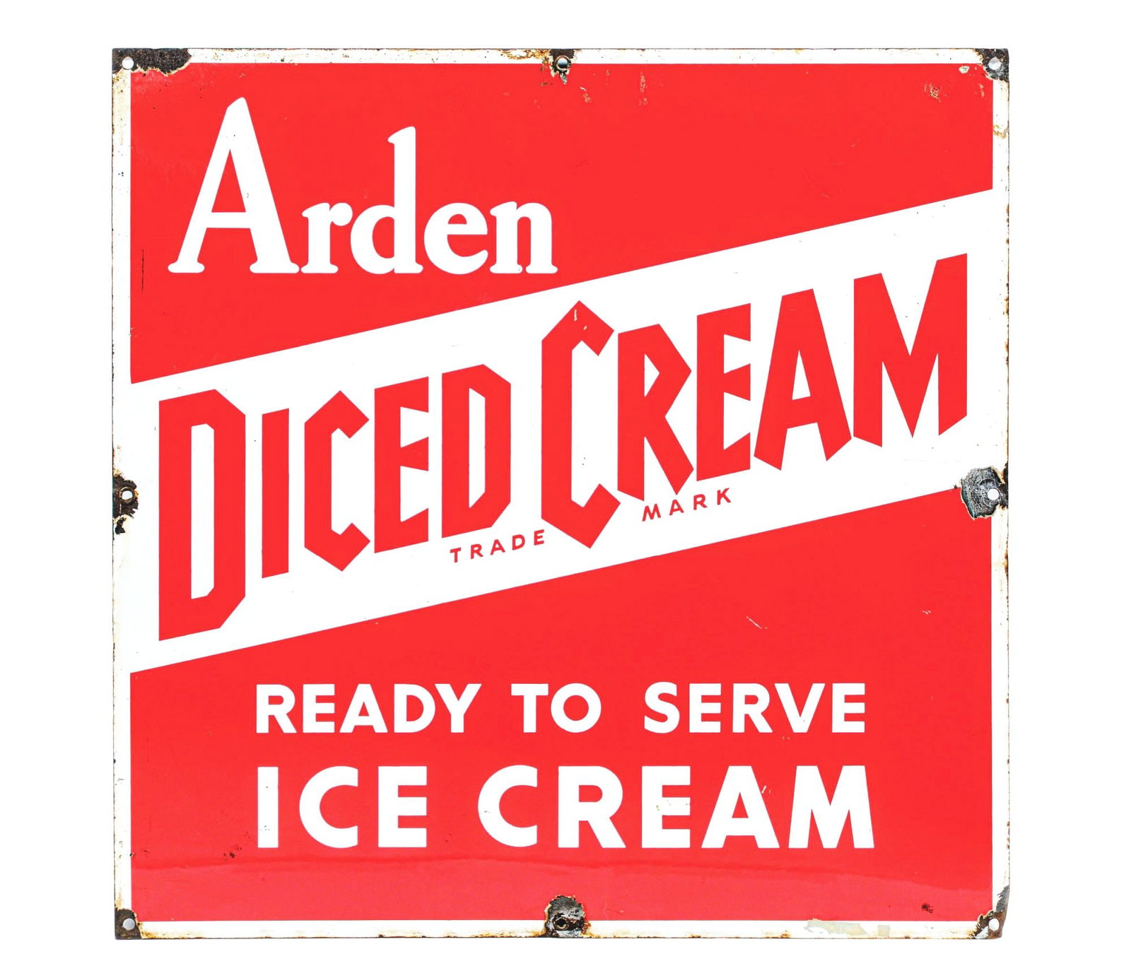 ARDEN DICED CREAM SINGLE-SIDED PORCELAIN SIGN: SSP. A c. 1940s Arden Diced Cream "Ready To Serve Ice Cream" single-sided porcelain sign. CONDITION: The sign has strong color and shine throughout, with areas of surface staining and surface scratche