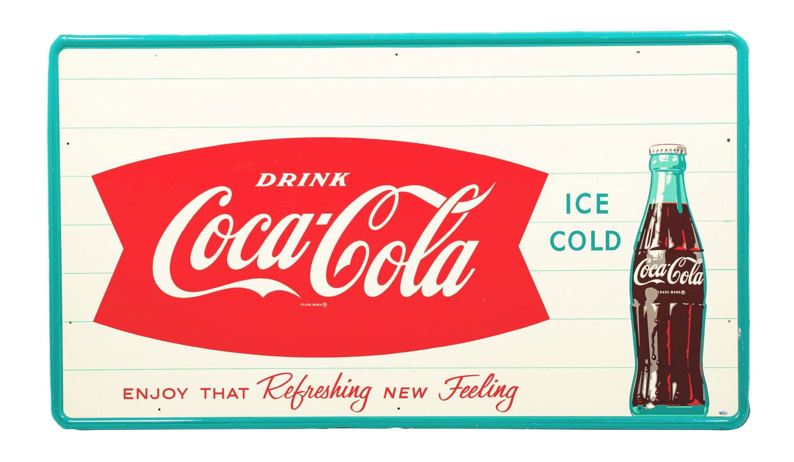 DRINK COCA-COLA ICE COLD SELF-FRAMED TIN SIGN W/ BOTTLE GRAPHIC (1 of 3)