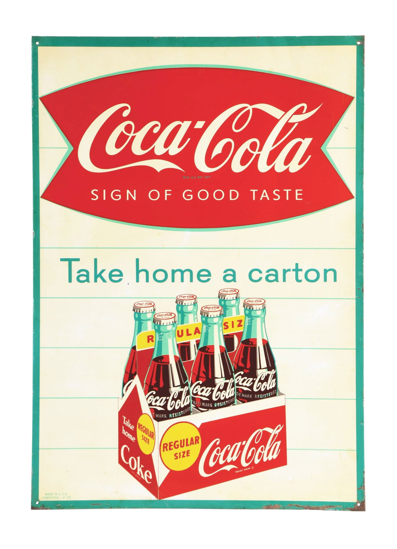 COCA-COLA "TAKE HOME A CARTON" TIN SIGN W/ YELLOW DOT 6 PACK GRAPHIC. (1 of 3)