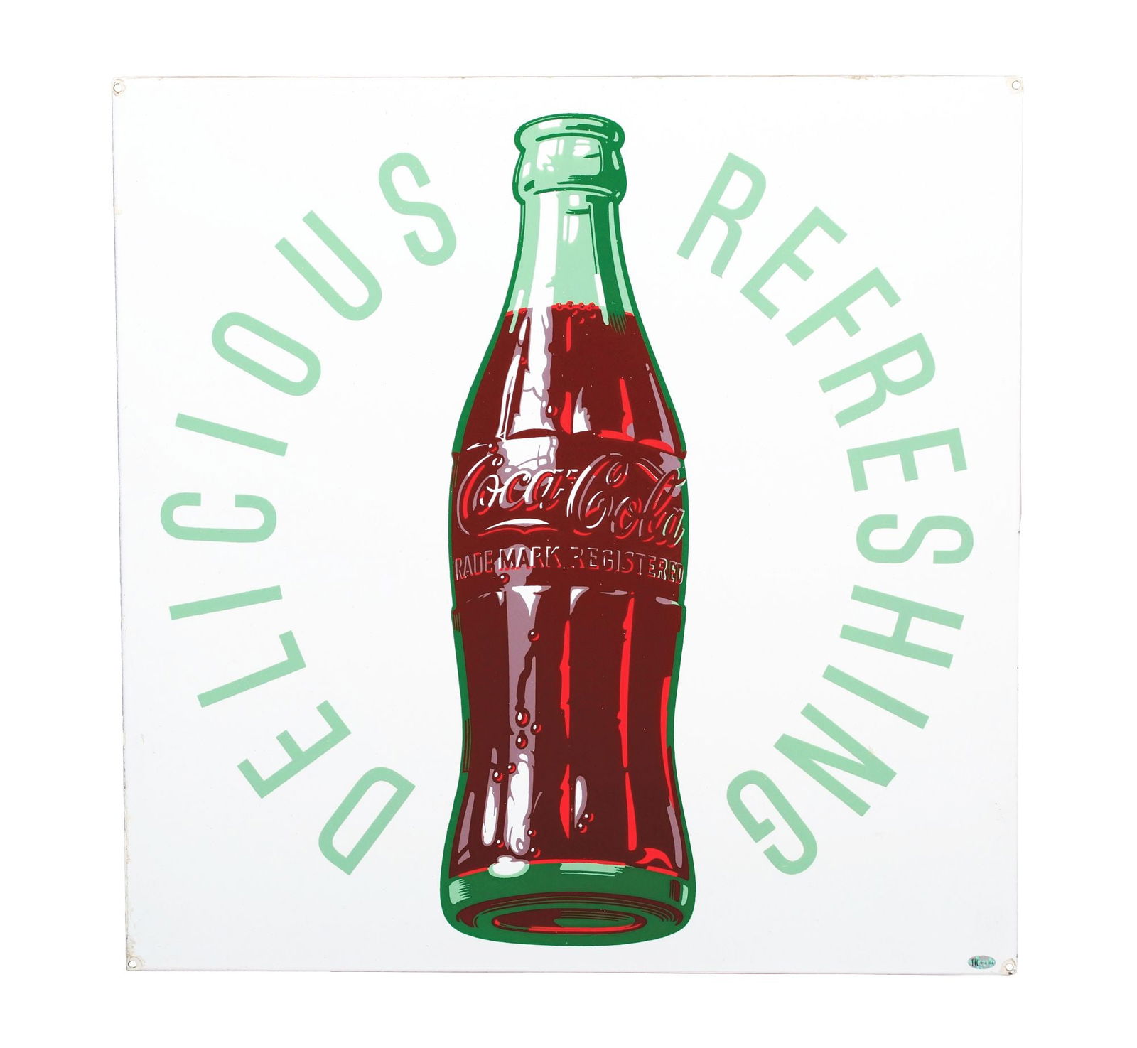 DELICIOUS AND REFRESHING COCA-COLA PORCELAIN SIGN W/ BOTTLE GRAPHIC (1 of 2)