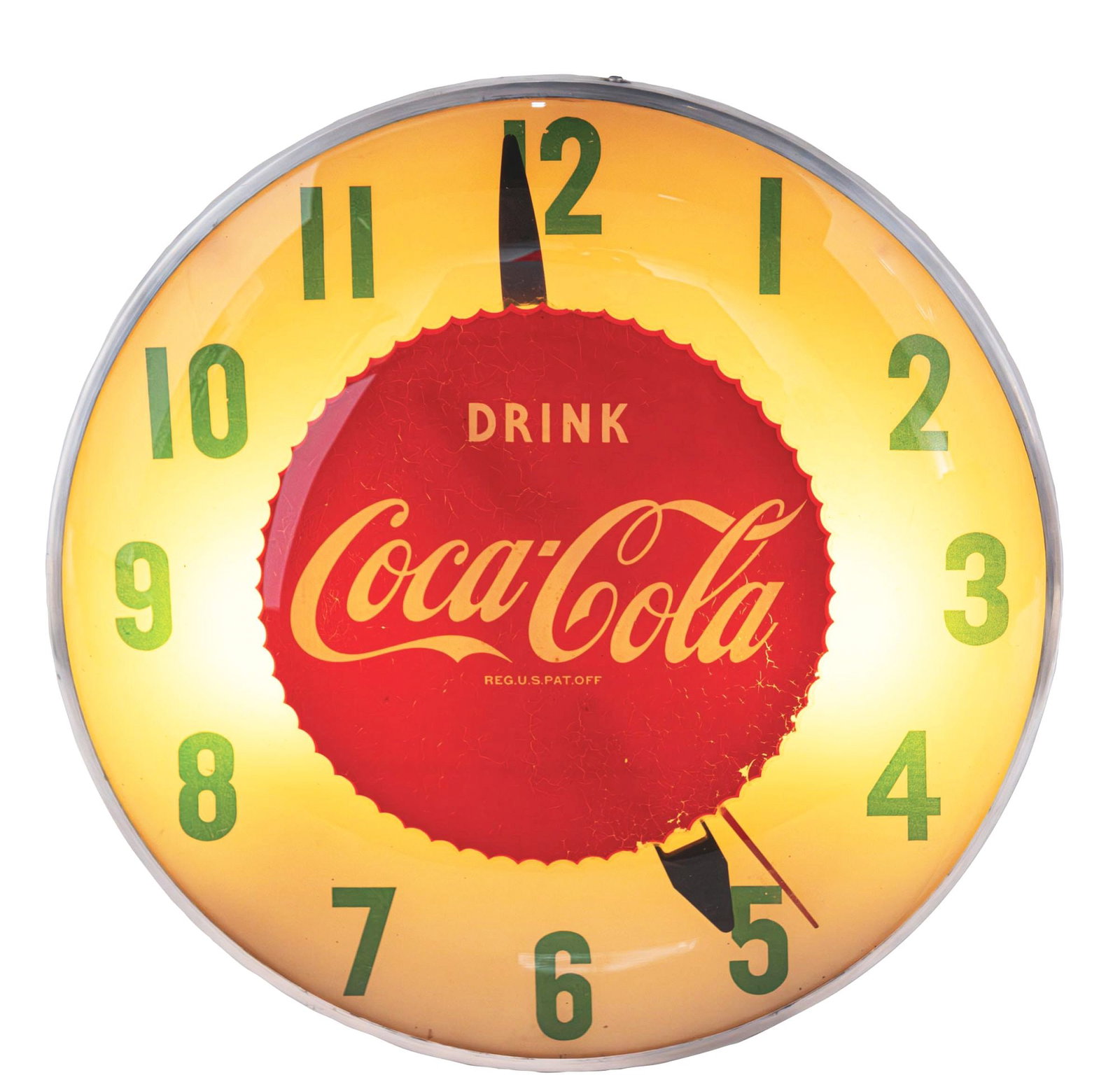 DRINK COCA-COLA LIGHTED GLASS FACE CLOCK: CONDITION: The clock has an added "Drink Coca-Cola" decal to the face, which has minor surface staining and wear along the outer saw tooth edge. The inner plastic section has minor brown staining thro