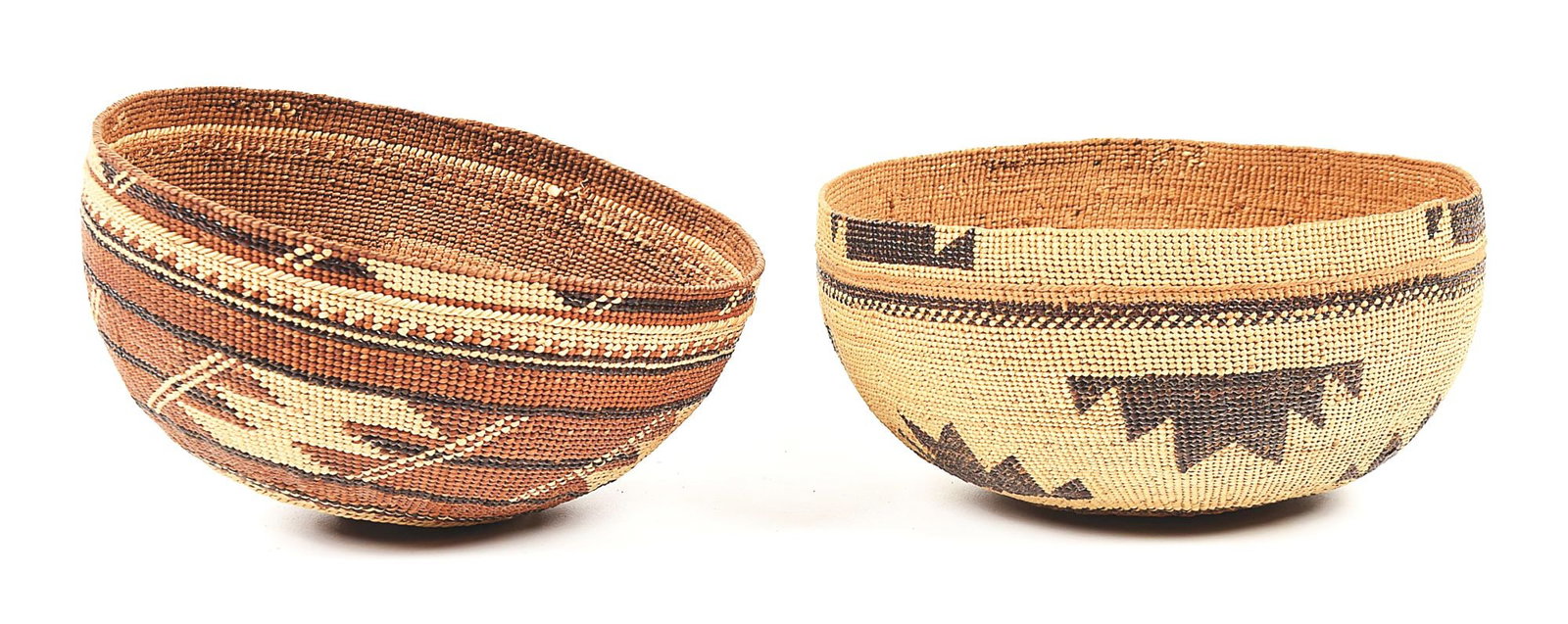 LOT OF 2 YUROK BASKET HATS: Klamath River Basin basketry women's hats, both are 7" across and 3 1/2" deep. Clean bold lines and designs, no damage evident. Provenance: Ex Paul Friedrich Collection