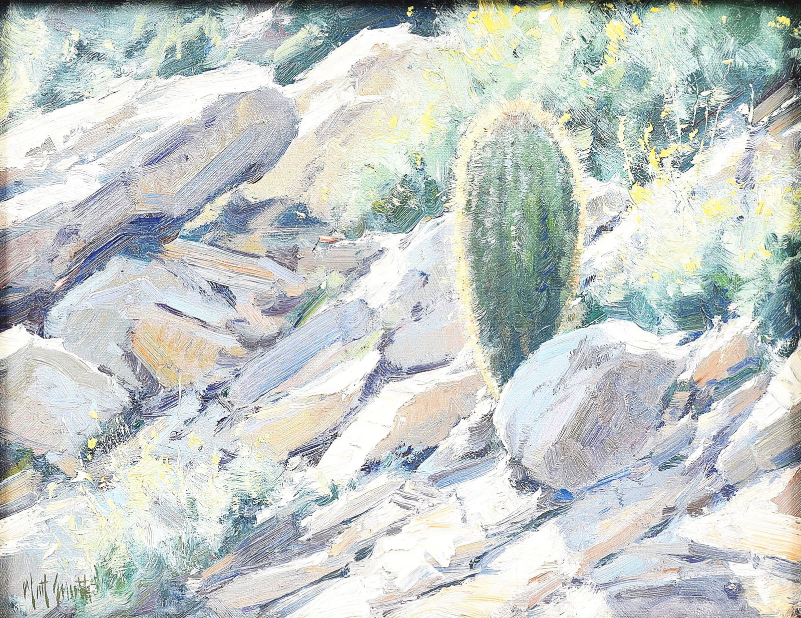 MATT SMITH (B. 1960): Young Saguaro Oil on board 11" x 14" Signed lower left: Matt Smith Framed to 15 1/4" x 18 1/4" Provenance: Prix De West Invitational / National Cowboy & Western Heritage Museum