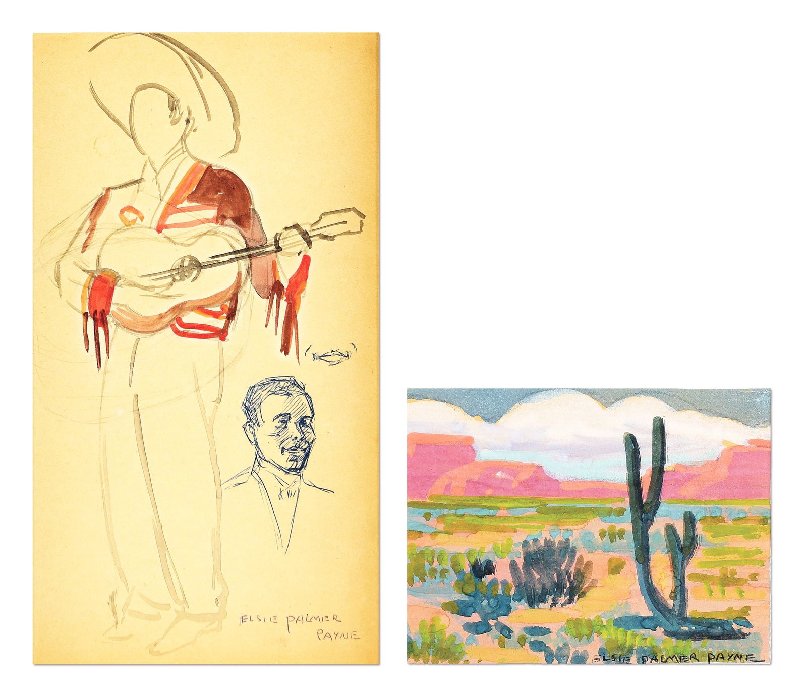 ELSIE PALMER PAYNE (1884-1971): a) Figure Study Watercolor / ink on paper 12" x 7" Signed lower right: Elsie Palmer Payne Original Elsie Palmer Payne and Marie H. Kann / Beverly Hills tag on reverse Framed to 18 3/4" x 13 3/4" b) Ar