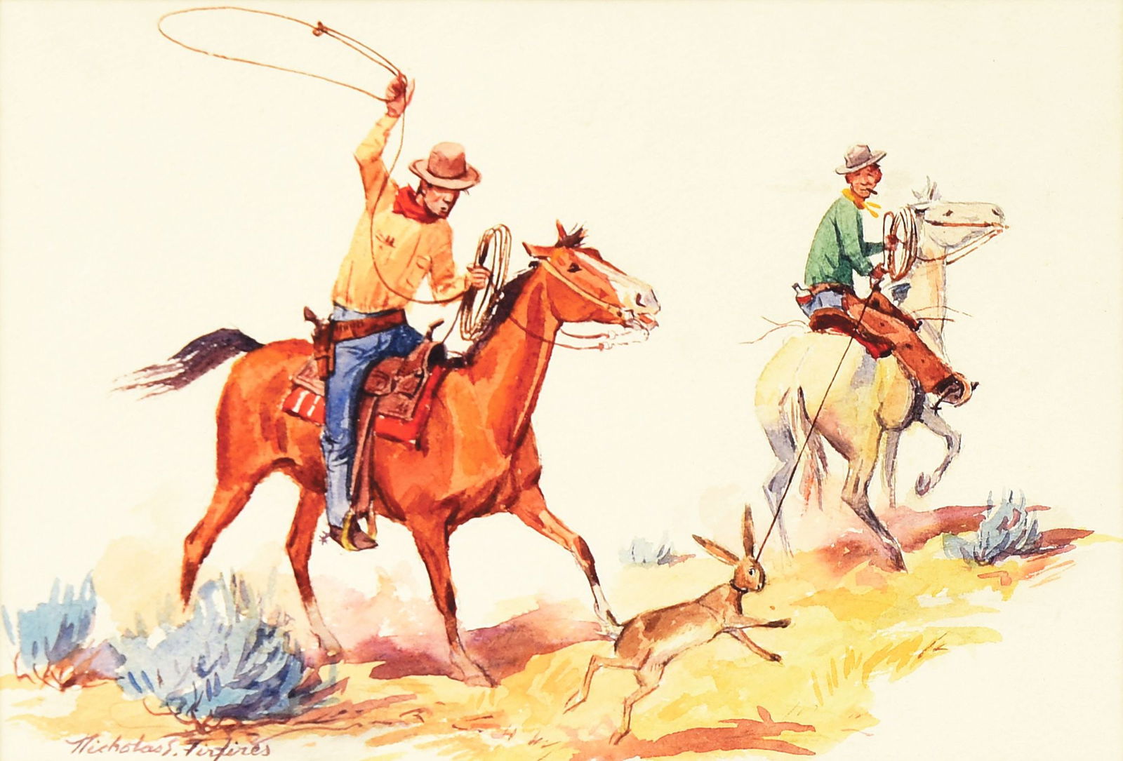 NICHOLAS S. FIRFIRES (1917-1990): Whiskey and Stogies Watercolor 8 1/2" x 12 1/2" Signed lower left: Nicholas S. Firfires Framed to 13" x 17" Circa 1940s Provenance: From the Nicholas Firfires Estate, with letter of provenance from th