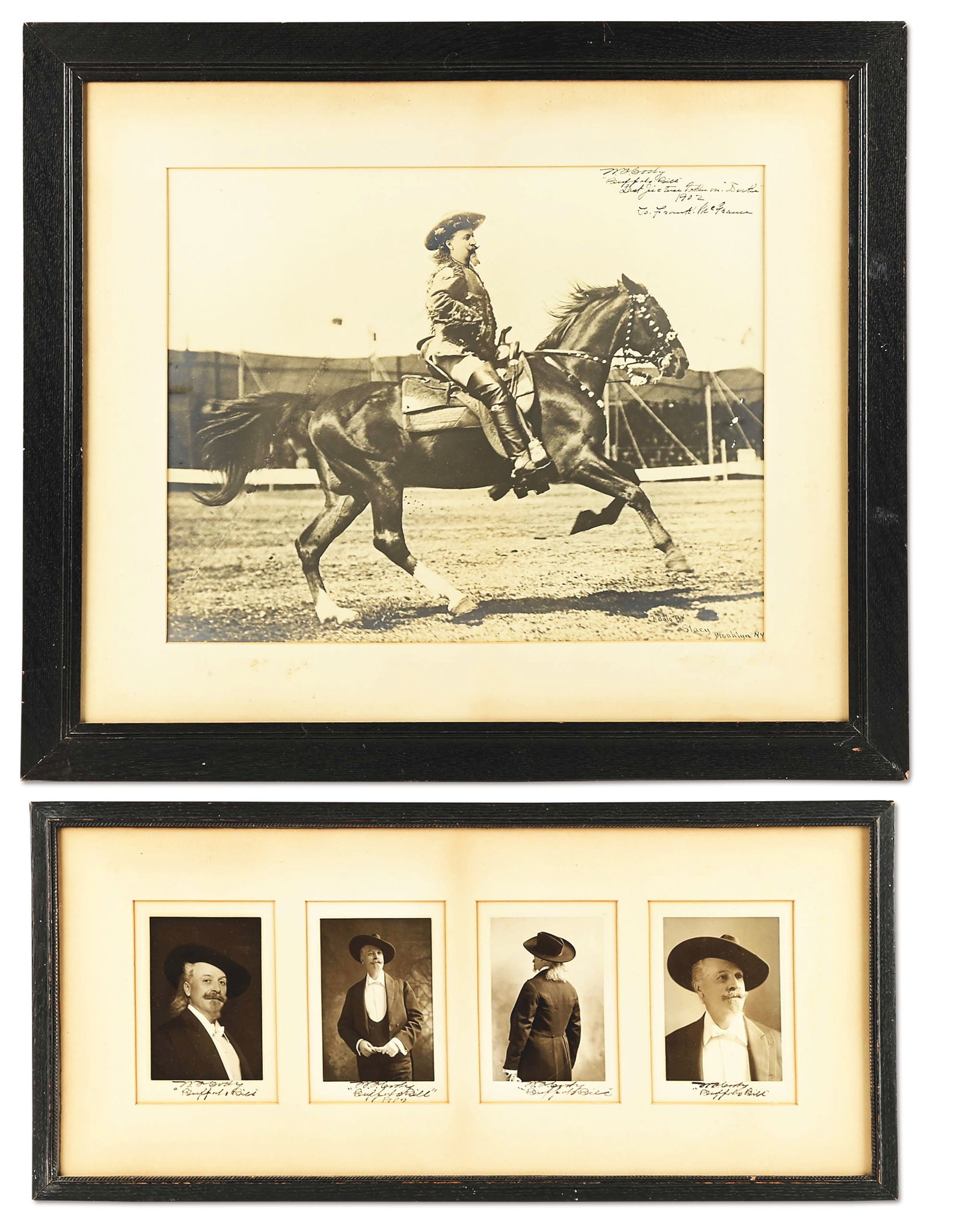 FABULOUS SIGNED W. F. CODY "BUFFALO BILL" PHOTOGRAPHS: a) A large, oversized image of Cody, signed in the upper right: "W. F. Cody / "Buffalo Bill" / Last Picture taken on "Duke" / 1902 / To. Frank McGrann", crisp clear image. A fabulous look at Cody. Ima