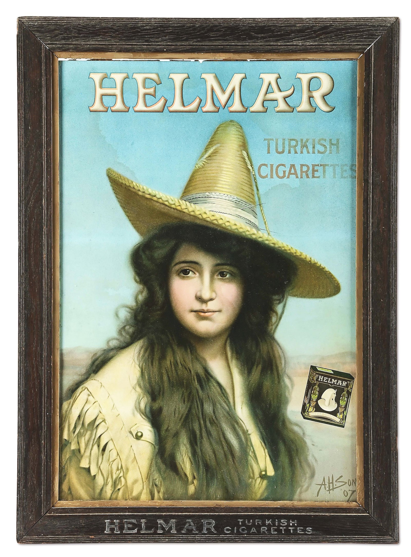 HELMAR TURKISH CIGARETTES FRAMED ADVERTISEMENT: The iconic Cowgirl with sombrero graphics on an original lithograph, measuring 25 1/2" x 17 1/2". Embossed "Helmar / Turkish Cigarettes" at the bottom of the scarce original frame. "Copyright 1907 by 
