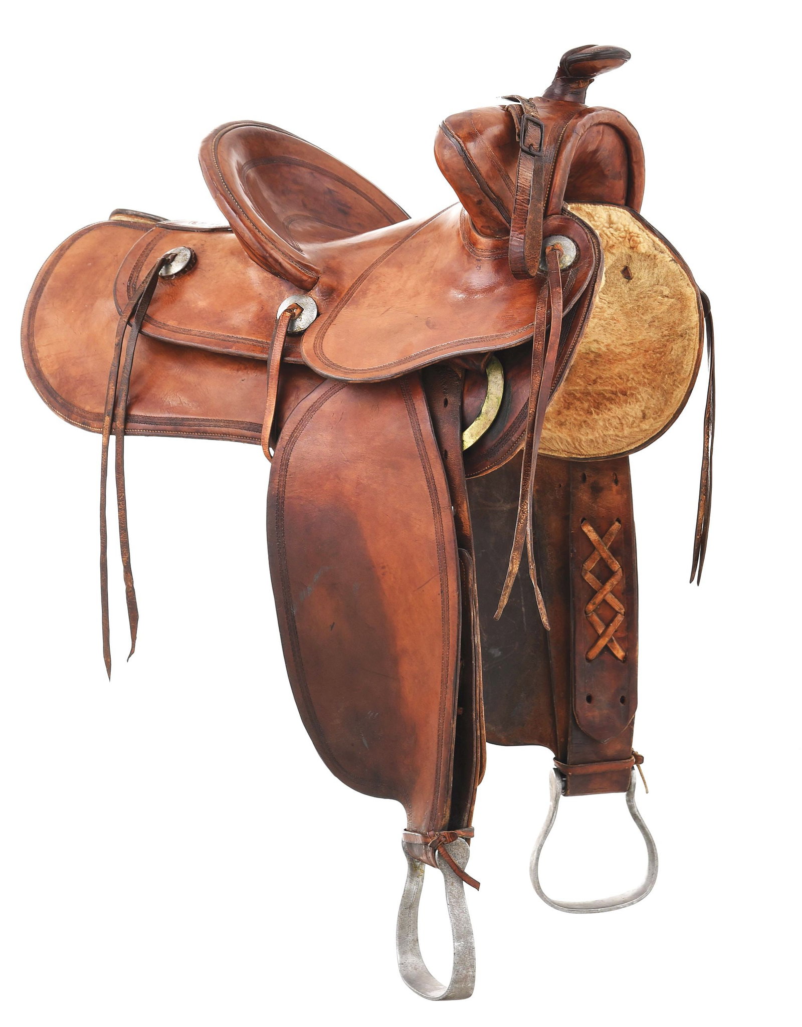 POWDER RIVER "BEAR TRAP" SADDLE: A true mountain saddle by "Powder River Saddles / Trade Mark / Made By Denver Dry Goods Co. / Denver, Colorado". Line tooled with a 12 1/2" seat and 4 1/4" cantle. Featuring large swells and the initi