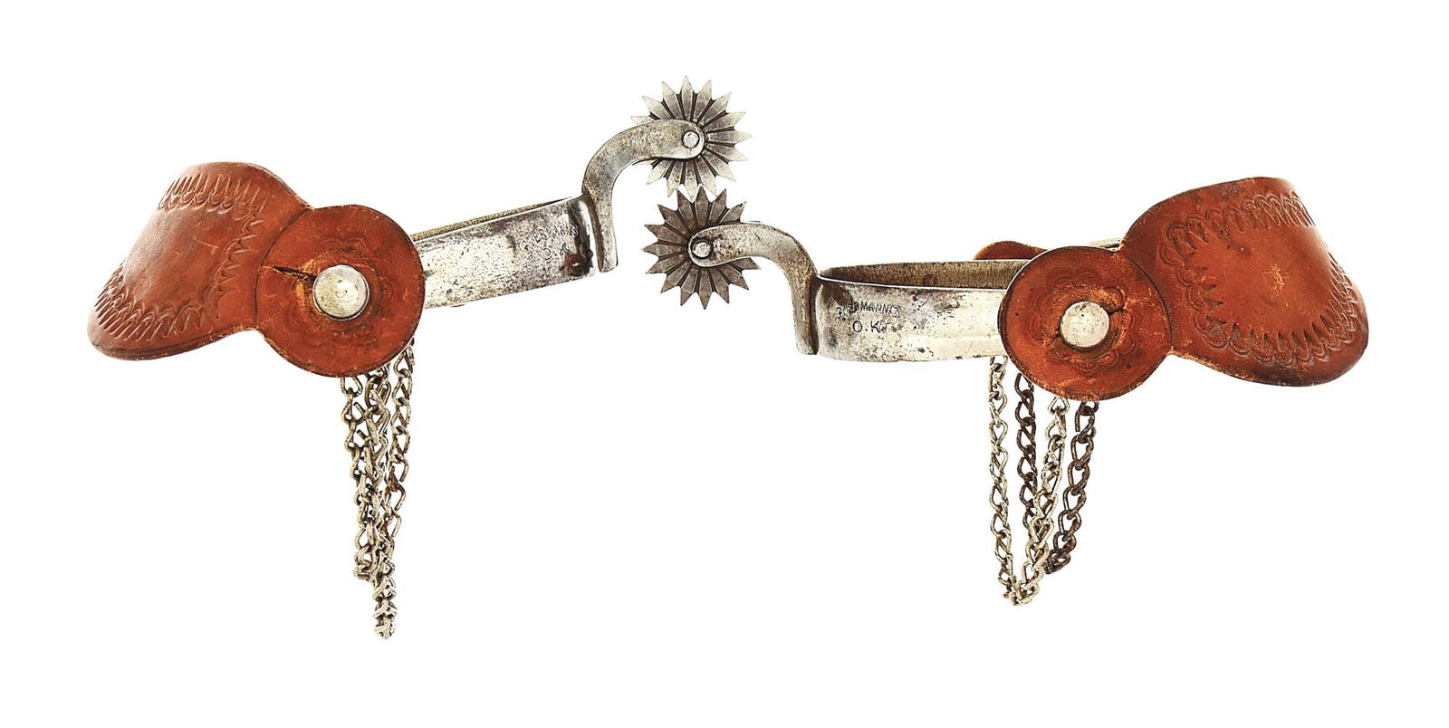 AUGUST BUERMANN O.K. SPURS: The Buermann pattern No. 85 with "Buermann / O.K." marked clearly on the bands. Marked "Pat'd" on the rear of the band. These retain about 80% of the original nickel finish and have the original heel