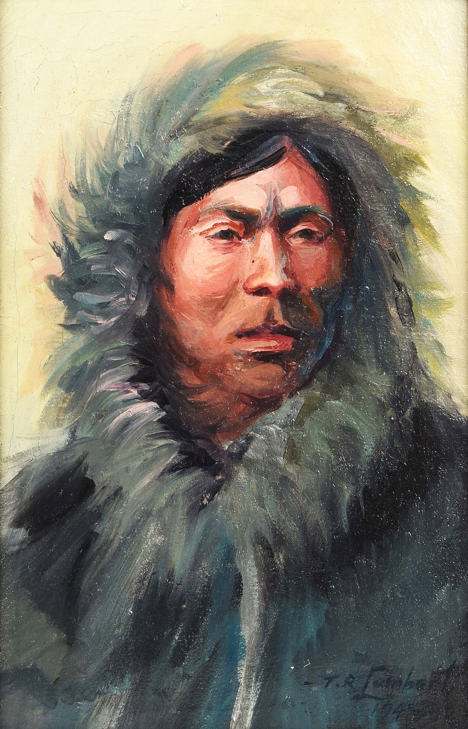 THEODORE ROOSEVELT LAMBERT (1905-1960): Inuit Man in Fur Parka Oil on canvas 11 3/4" x 7 3/4" Signed and dated lower right: T. R Lambert, 1945 Framed to 16 1/4" x 12 1/4" Condition: Generally good. Craquelure throughout, stretcher bar creas
