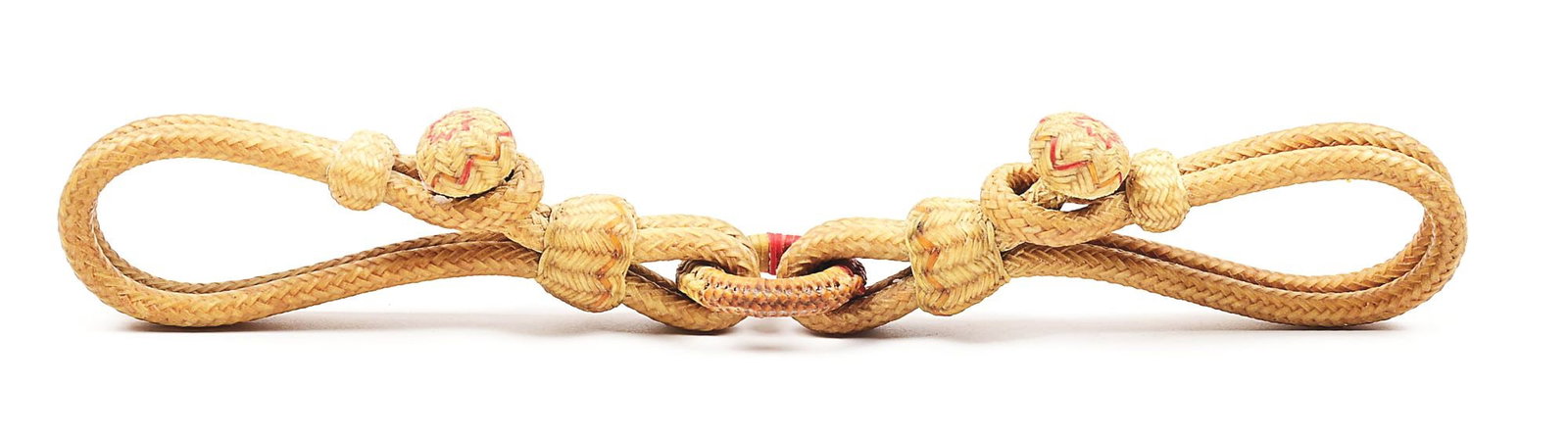 LUIS B. ORTEGA RAWHIDE HOBBLES: Ortega braided rawhide show hobbles with red and yellow interweaves and measuring 13" across. Excellent condition, circa 1980s.