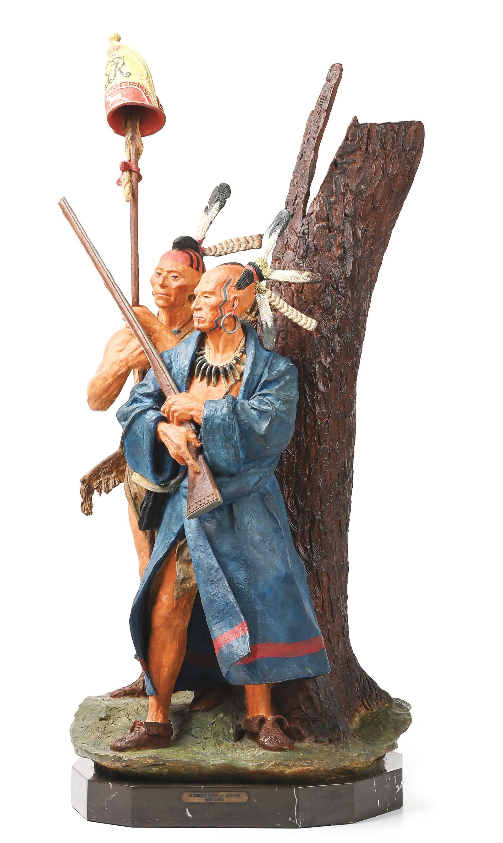 HARRY JACKSON (1924-2011): Algonquin Chief and Warrior Mixed media and bronze 13 1/2" x 14" x 30" Signed and dated in bronze: ©Harry Jackson 1971 / marked A.C.W.P 7P 1 1/2" marble base Sculpture comes with oak wood pedesta