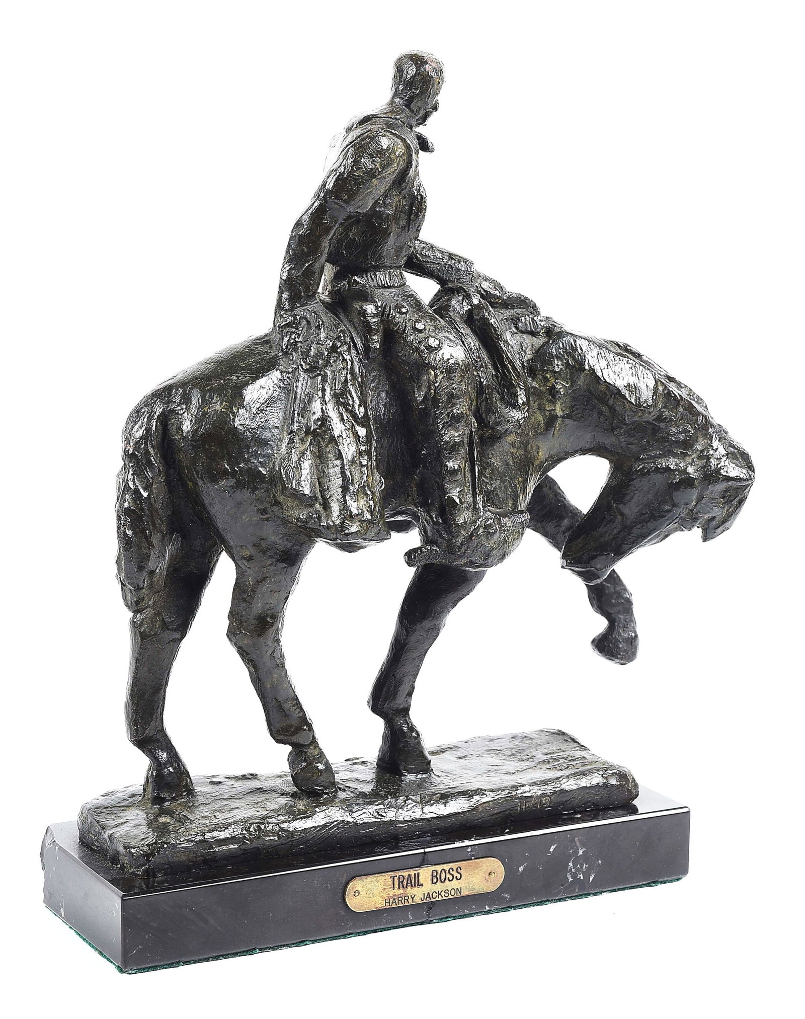 HARRY JACKSON (1924-2011): Trail Boss Bronze 8" x 2 3/4" x 8 1/2" Title and artist name on brass plinth 1" marble base