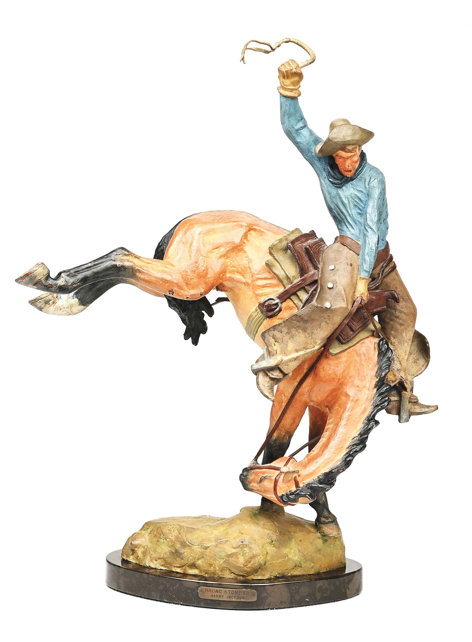 HARRY JACKSON (1924-2011): Bronc Stomper Painted media and bronze 13" x 5 3/4" x 16 1/4" Signed and dated in bronze: H. Jackson '59 with mark "8.P." 3/4" marble base This is not a standard shippable item and will require 3rd pa