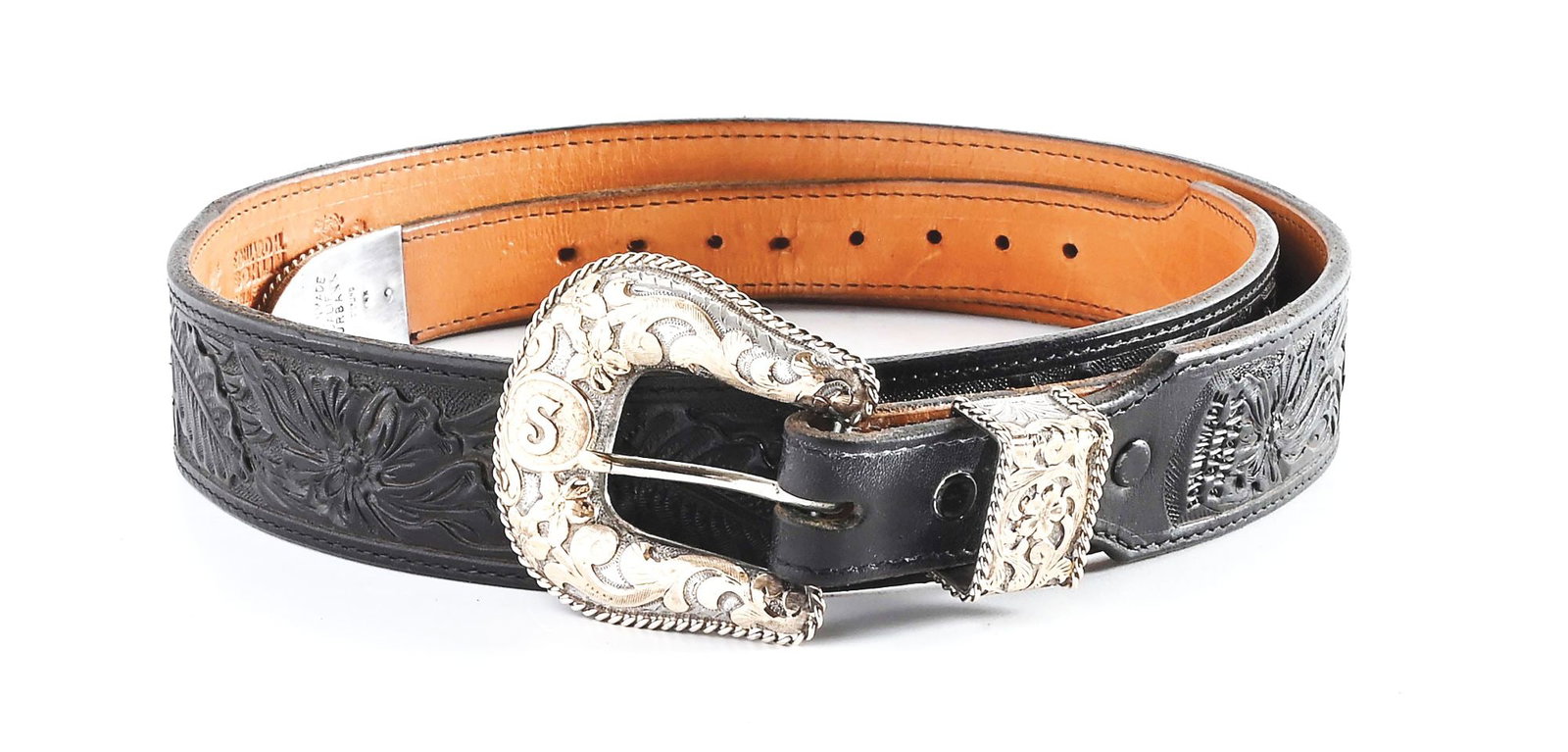 BOHLINMADE BURBANK BUCKLE SET: Three-piece, 1" sterling silver and 14K gold "Bohlinmade / Calif. / Burbank / Sterling/ 14K" marked buckle set with initial "S" on the shield. Exterior rope pattern scrollwork on an "Edward H. Bohlin"