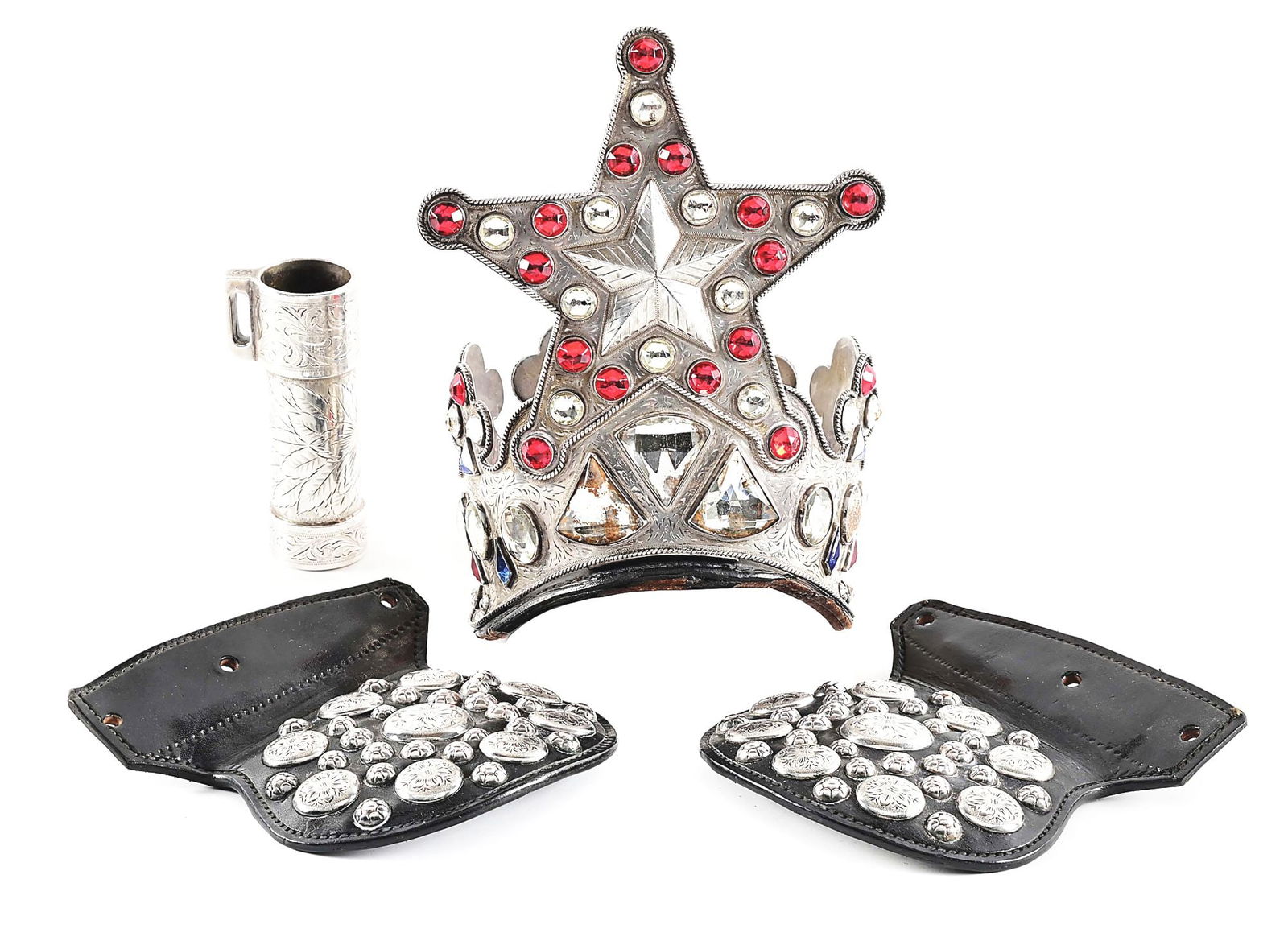 EDWARD H. BOHLIN'S FAMOUS "BEJEWELED HORSE CROWN" PLUS MORE: a) A solid silver "Bohlinmade" and marked bejeweled crown, worn by Ernest Specht's (see previous lot), famous Palamino horse "King Cortez" in multiple parades around California; b) Edward H. Bohlin si
