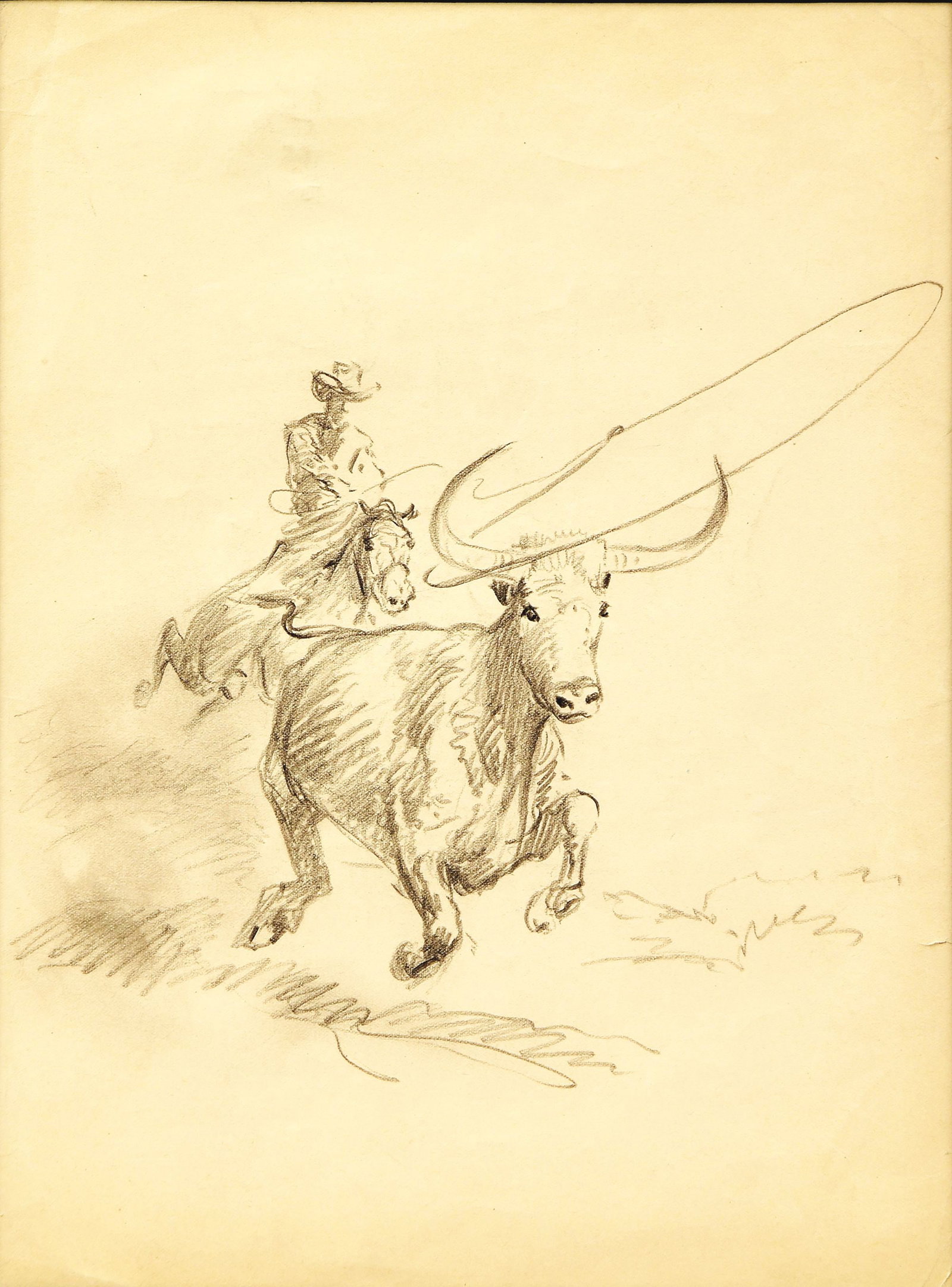 WILL RODERICK JAMES (1892 - 1942): Roping Wild Cow Pencil sketch 12" x 9" Unsigned Framed to 15 3/8" x 12 1/4" Provenance: Montana / Snook Family Estate