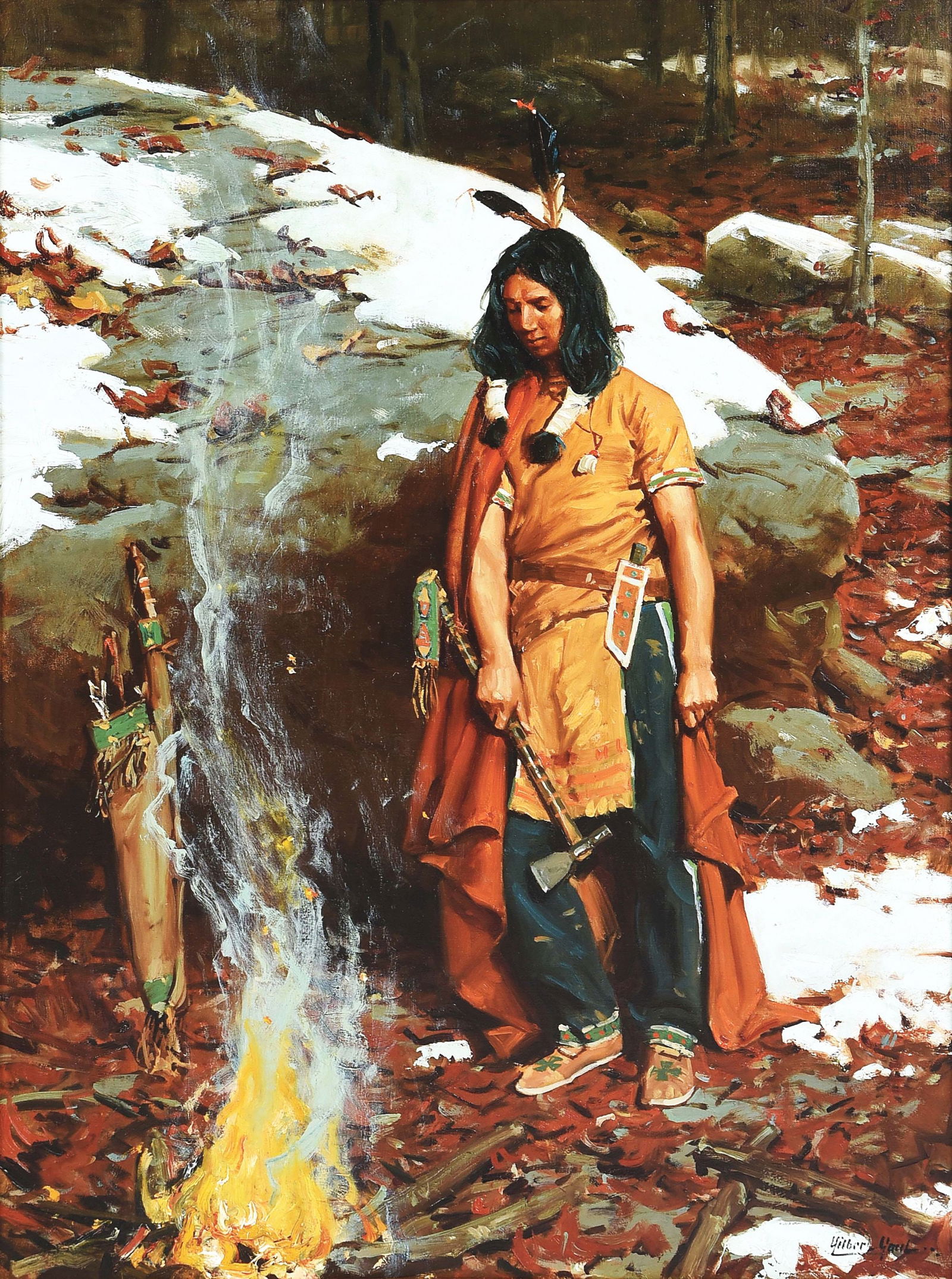 GILBERT GAUL (1855-1919): Untitled (Indian by campfire) Oil on canvas 39 1/2" x 29 1/2" Signed lower right: Gilbert Gaul Framed to 47 1/4" x 37 - 1/4" William Gilbert Gaul (1855-1919) Born in Jersey City, New Jersey on March 3