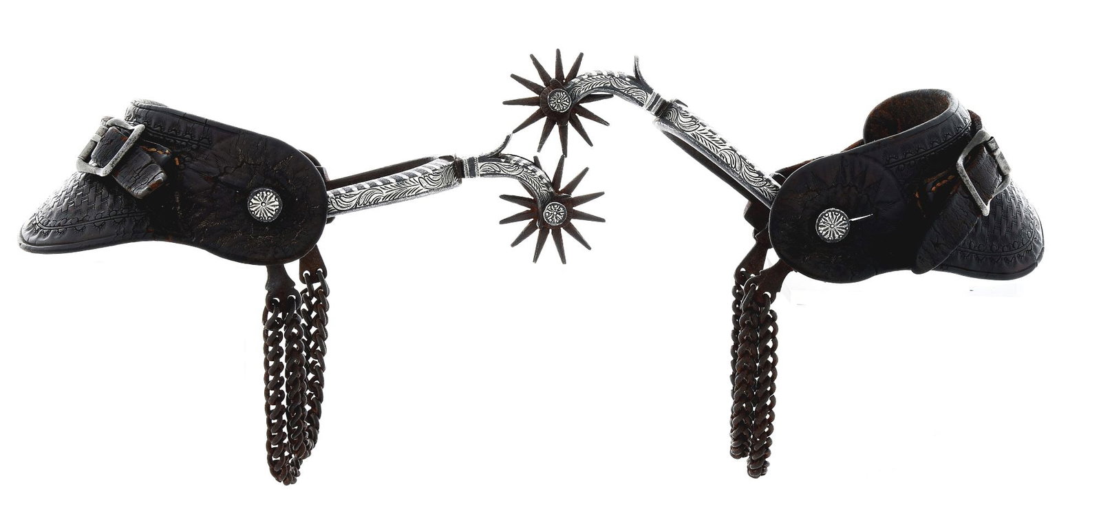 RARE EARLY ALBERT ESPINOSA (1858 - 1937) CALIFORNIA SPURS: Highly coveted early California spurs with 2" 12-point beveled spoke rowels. Features Albert's trademark silver buttons recessed with punched circles, Vaquero heel chains and early 2-piece leathers. A