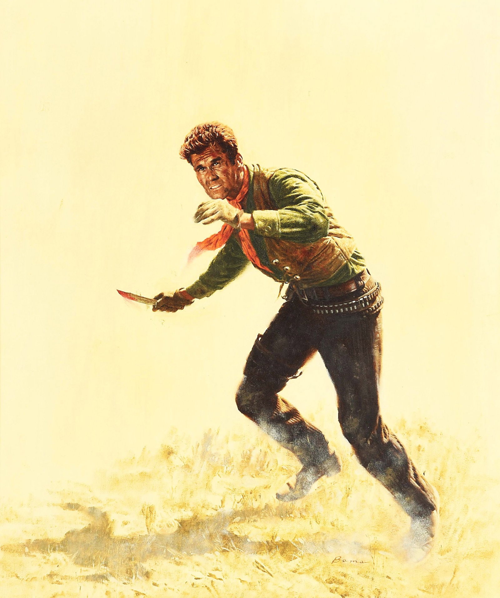 JAMES BAMA (1926-2022): Kid Rodelo Oil on panel 18 1/2" x 15 1/2" Signed lower right: Bama Framed to 32" x 27 3/4" Used on the cover of Kid Rodelo by Louis L'Amour. Includes an original Bantam book and a CD of the motion pic