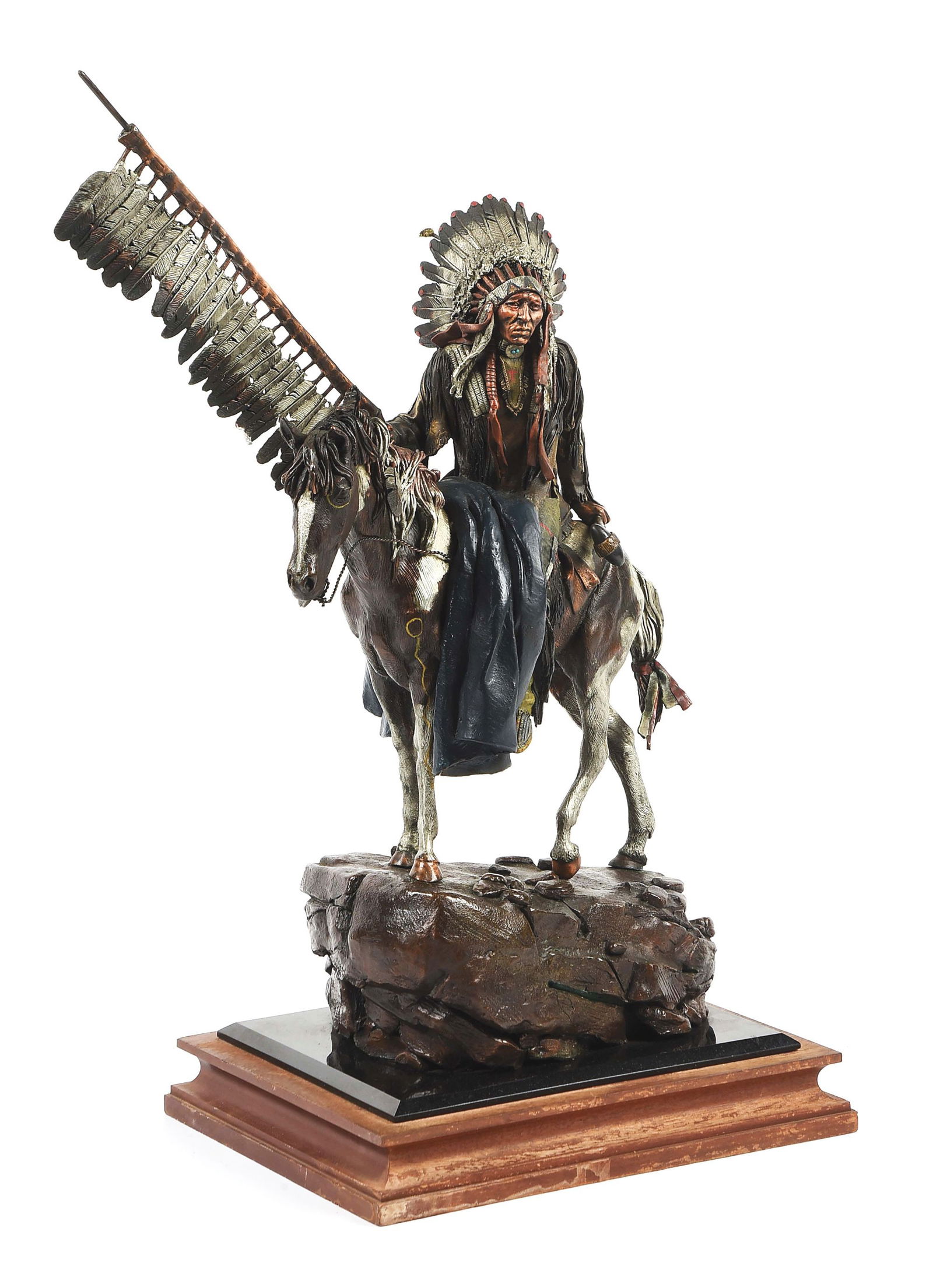 DAVID LEMON (B. 1945): On Wings of Eagles Bronze 19" x 8" x 26" Signed in bronze: Lemon, ©1996 Legends, 250/250 1/2" wood and black granite plinth This is not a standard shippable item and will require 3rd party shippi