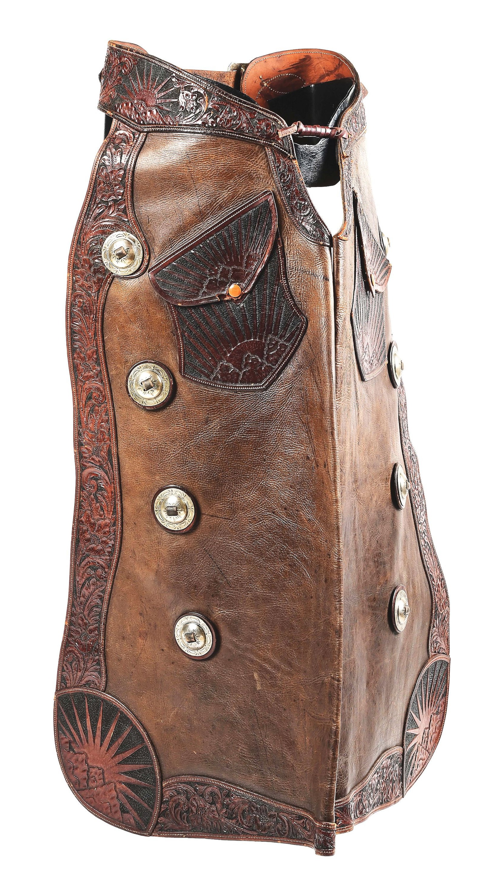 EDWARD H. BOHLIN "SUNBURST" PARADE CHAPS: Pictured in Bohlin's 1930 catalog as "Chaps No. 17" and (humbly) described in the Bohlin catalog as being "internationally famous for their appearance", these brown, floral trimmed chaps with a rising