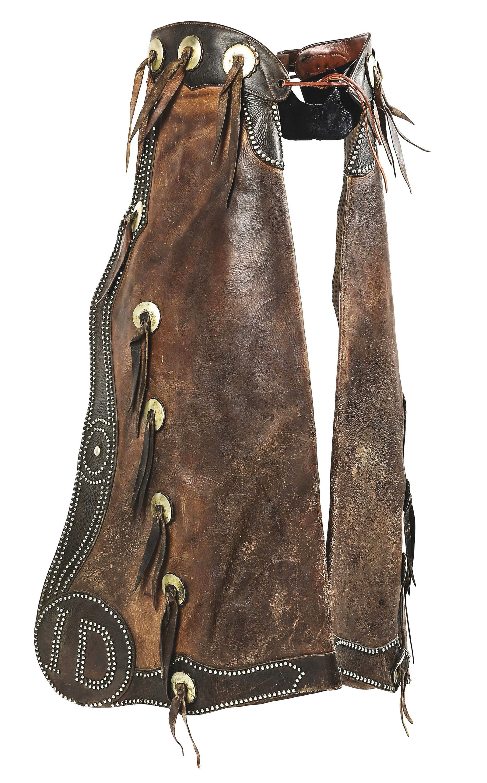 HAMLEY & CO. STUDDED BATWING CHAPS: A special-order pair of Hamley chaps with overlaid and studded edges and "ID" studded in the corner, perhaps for Idaho or as initials. Marked on the belt with the Hamley logo and "520 / 282". There ar
