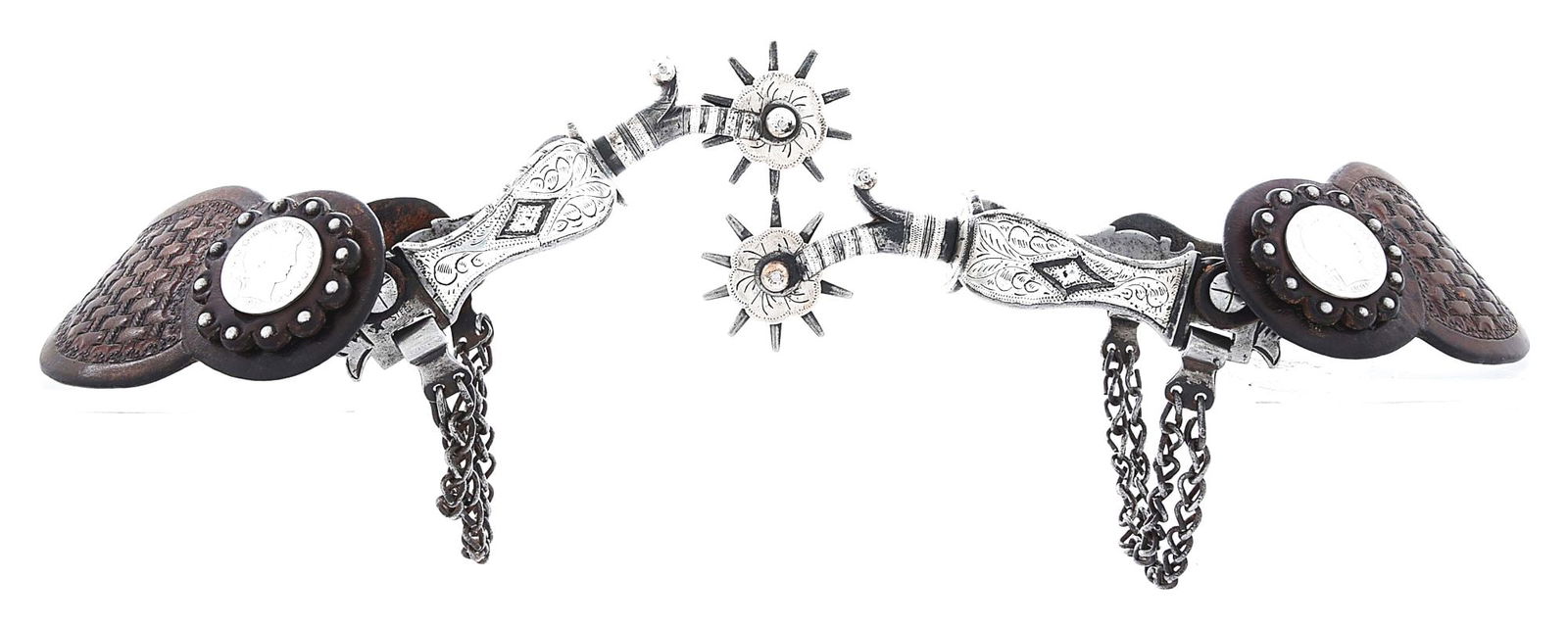 AUGUST BUERMANN "ROOSEVELT" SPURS: Model 1471, the famous and sought after "Roosevelt" pattern. Full inlaid sweeping bands to 1 1/8" at the shank. The 2 1/4" round shank holds the 2" 10-point rowels with silver washers. The spurs show