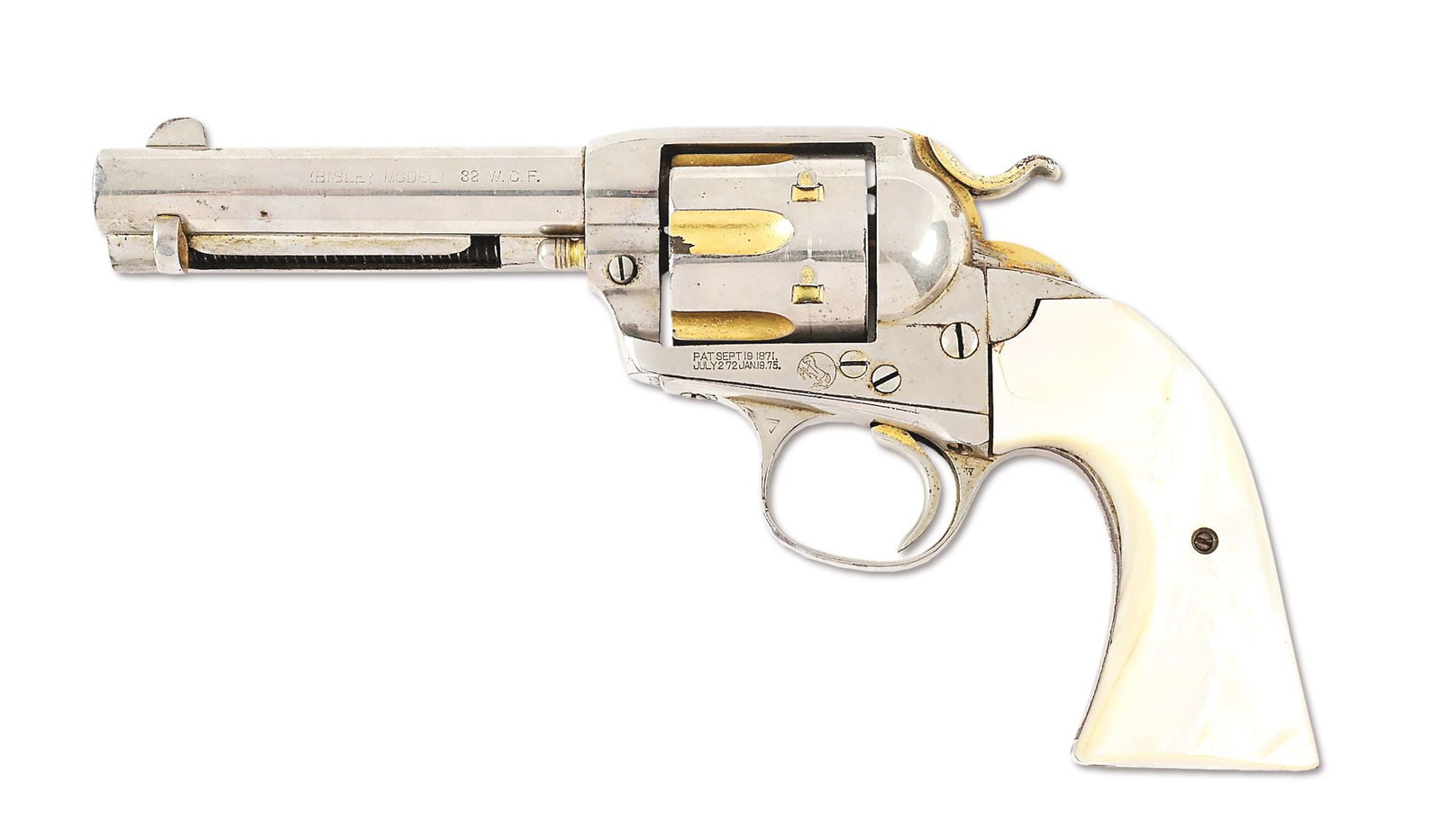 (C) GOLD AND SILVER FINISHED COLT BISLEY SINGLE ACTION REVOLVER WITH PEARL GRIPS: Manufactured in 1909. This gun has a two-line address on top of the barrel, "COLT'S PT. F. A. MFG. CO. / HARTFORD, CT. U.S.A.", and a roll die caliber designation on the left side of the barrel, "(BIS