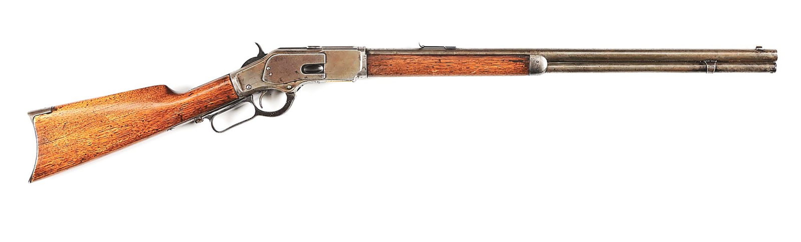 (A) WINCHESTER MODEL 1873 LEVER ACTION RIFLE: SERIAL 204753. MFG. 1886. CALIBER 38WCF. Standard 24" barrel, full tube, dove tail front sight, replaced patent 1901 flat top rear sight, CONDITION: Good. Metal is all grey patina with overall age fre