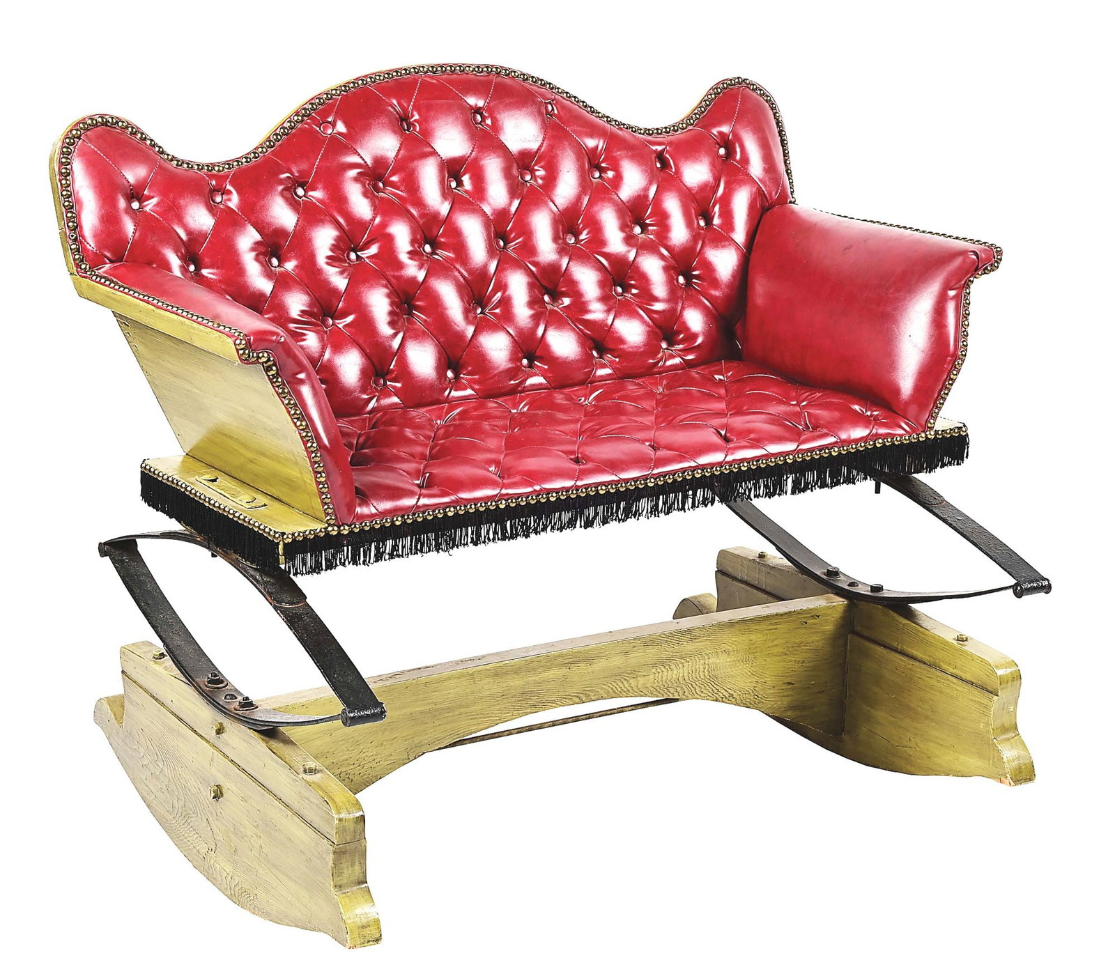 RED LEATHER TUFFED BUGGY SEAT: An antique buggy seat converted to a fine loveseat for the home. Mounted on the iron springs with a wooden rocker bottom. 34 - 1/2" high x 39 1/2" long x 28 3/4" wide. Provenance: Ex Ron & Linda Gille
