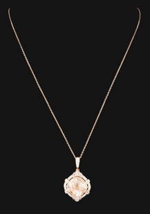 14K ROSE GOLD MORGANITE & DIAMOND PENDANT W/ REPORT: Ladies' 14k rose gold morganite and diamond pendant consisting of 1 cushion cut morganite weighting of 9.09cts, measuring 12.8 x 12.7mm, and 76 mixed baguette and round brilliant cut diamonds with a t