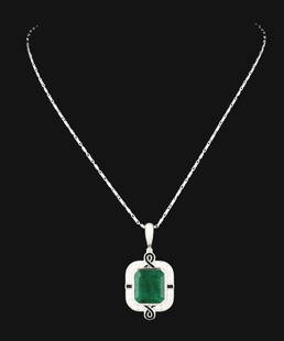 18K WHITE GOLD EMERALD & DIAMOND PENDANT W/ GIA REPORT: Ladies' 18k white gold emerald and diamond pendant with black enamel, consisting of 1 emerald cut emerald weighting of 17.02cts, measuring 16.79 x 15.14 x 9.32mm, and 24 round brilliant cut diamonds