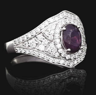 PLATINUM PINK-PURPLE KASHMIR SAPPHIRE & DIAMOND RING W/ GIA REPORT: Ladies' platinum sapphire and diamond ring consisting of 1 oval cut pink-purple Kashmir sapphire weighing 1.74cts and 96 round brilliant cut natural diamonds with a total weight of 0.83cts. Finger siz